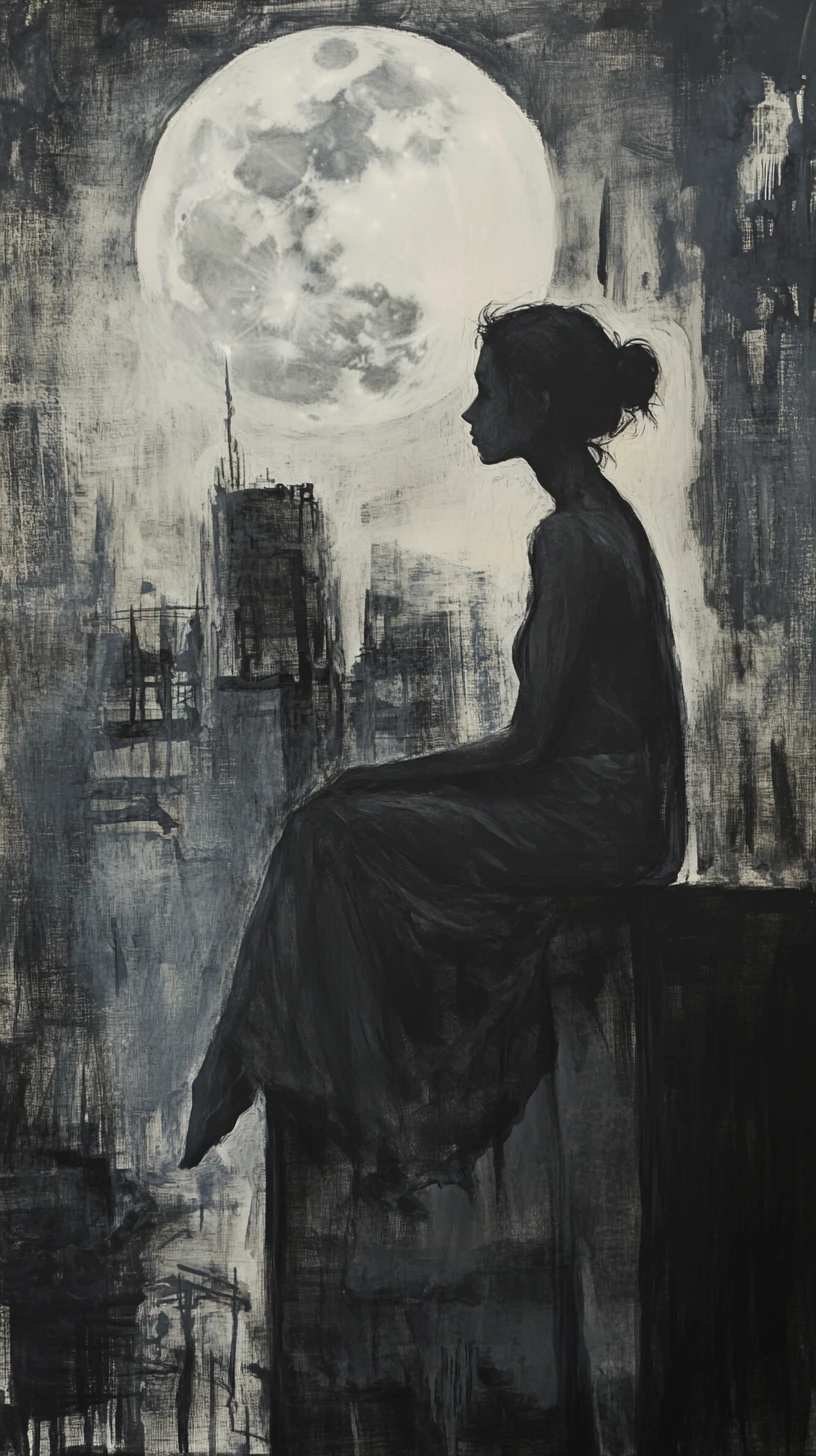 Ragazza malinconica su un tetto cittadino sotto la luna piena
