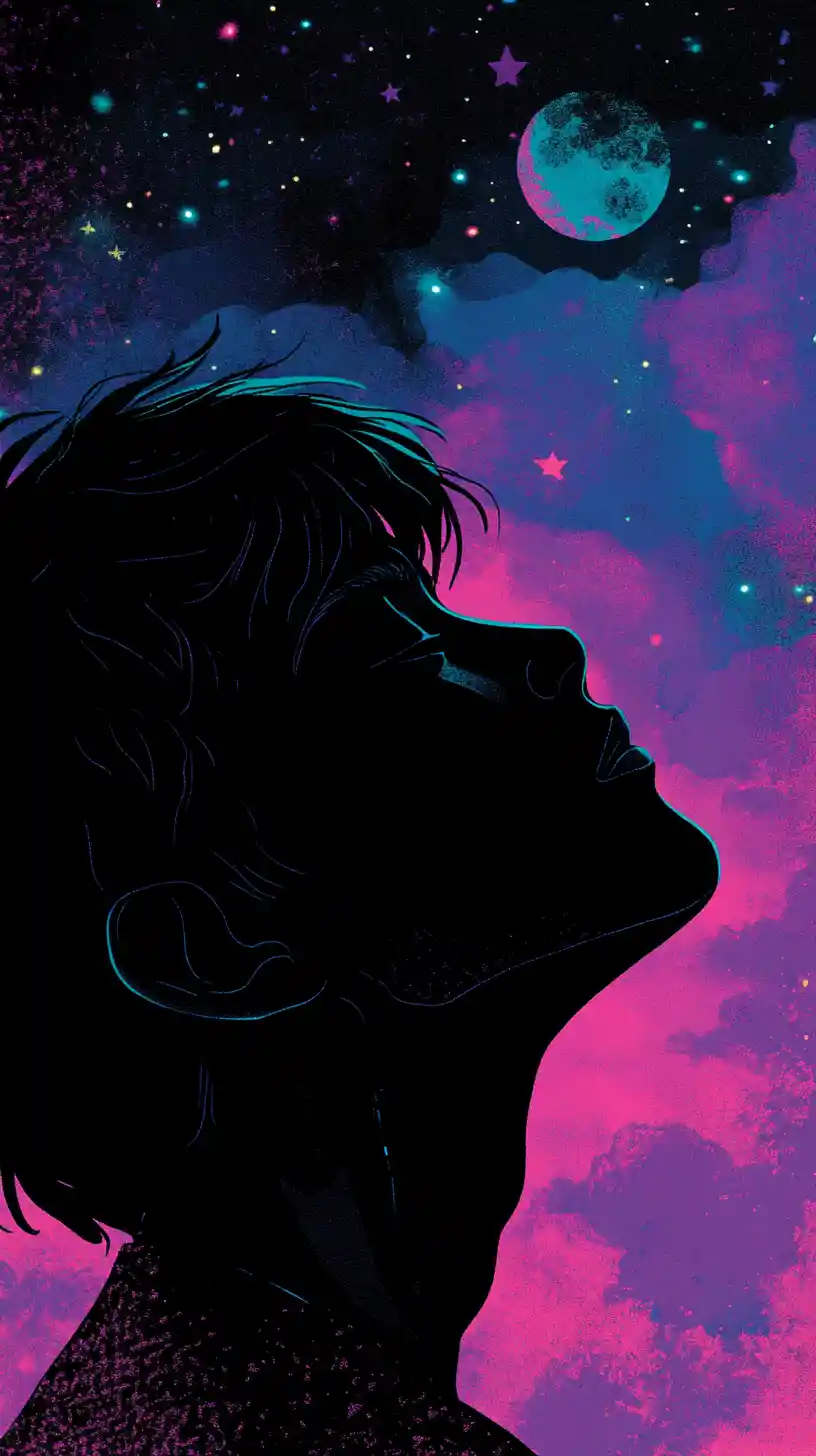 Young asian man portrait with cosmic moonlit sky