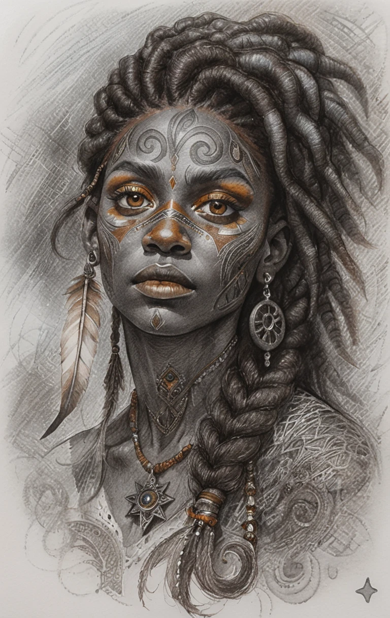 Mystical tribal warrior woman portrait in charcoal sketch