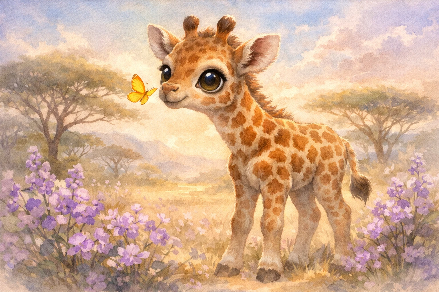 Cute Baby Giraffe With Butterfly In Soft Watercolor Woodland