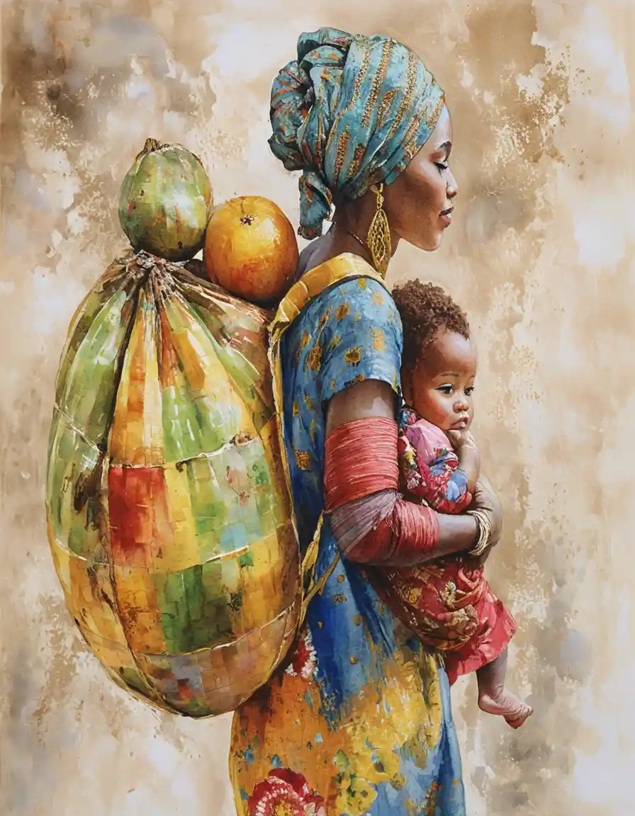 Afrikanische Mutter mit Obstbündel in Impasto-Gemälde