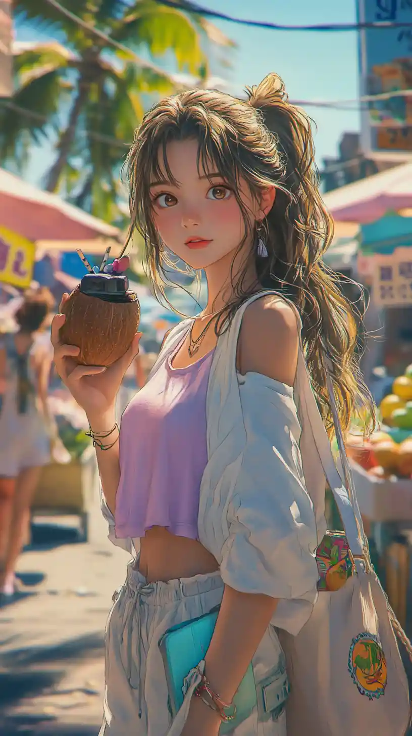Anime-Mädchen erkundet einen sonnigen tropischen Sommer-Straßenmarkt