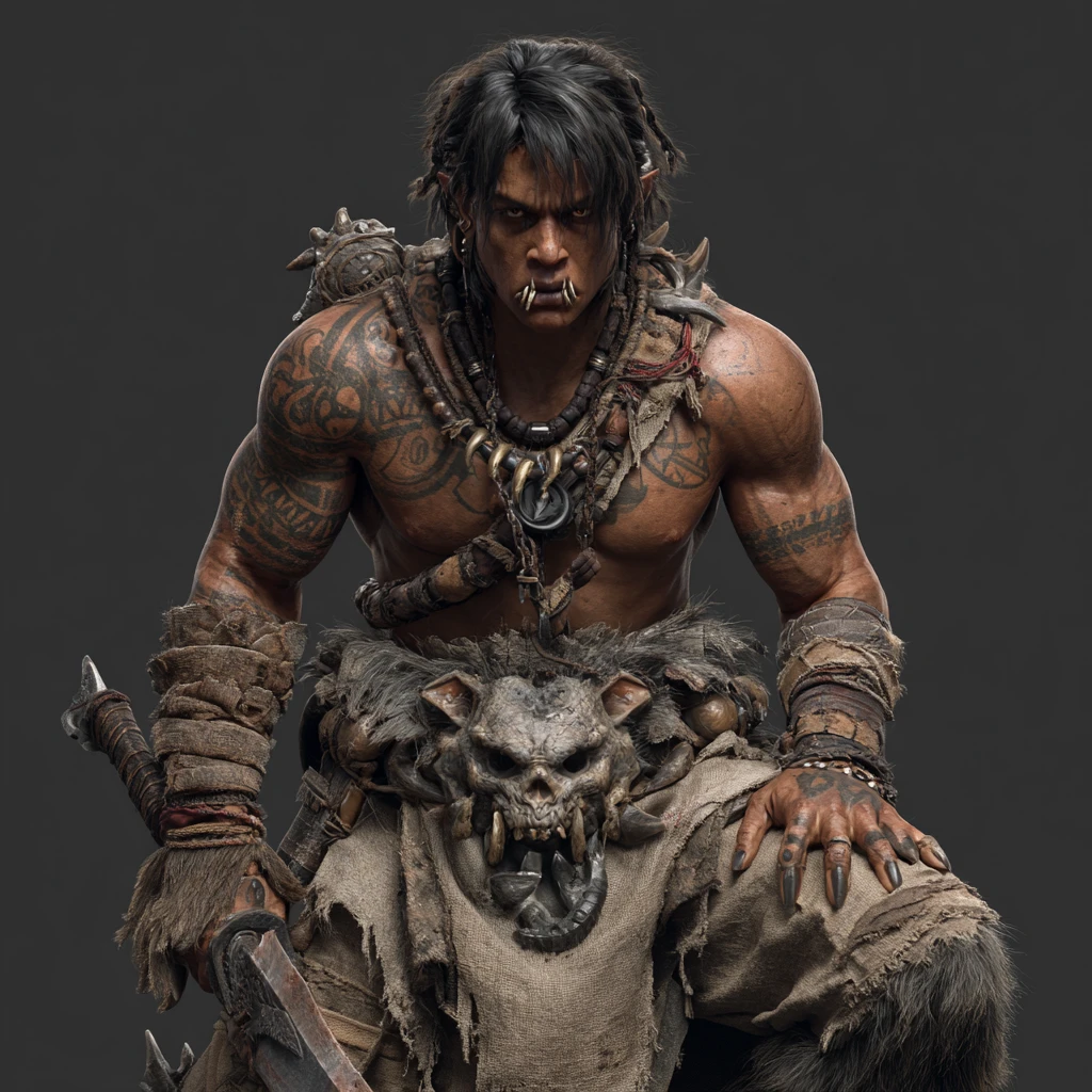 Dark fantasy barbarian with beastly features and tattoos