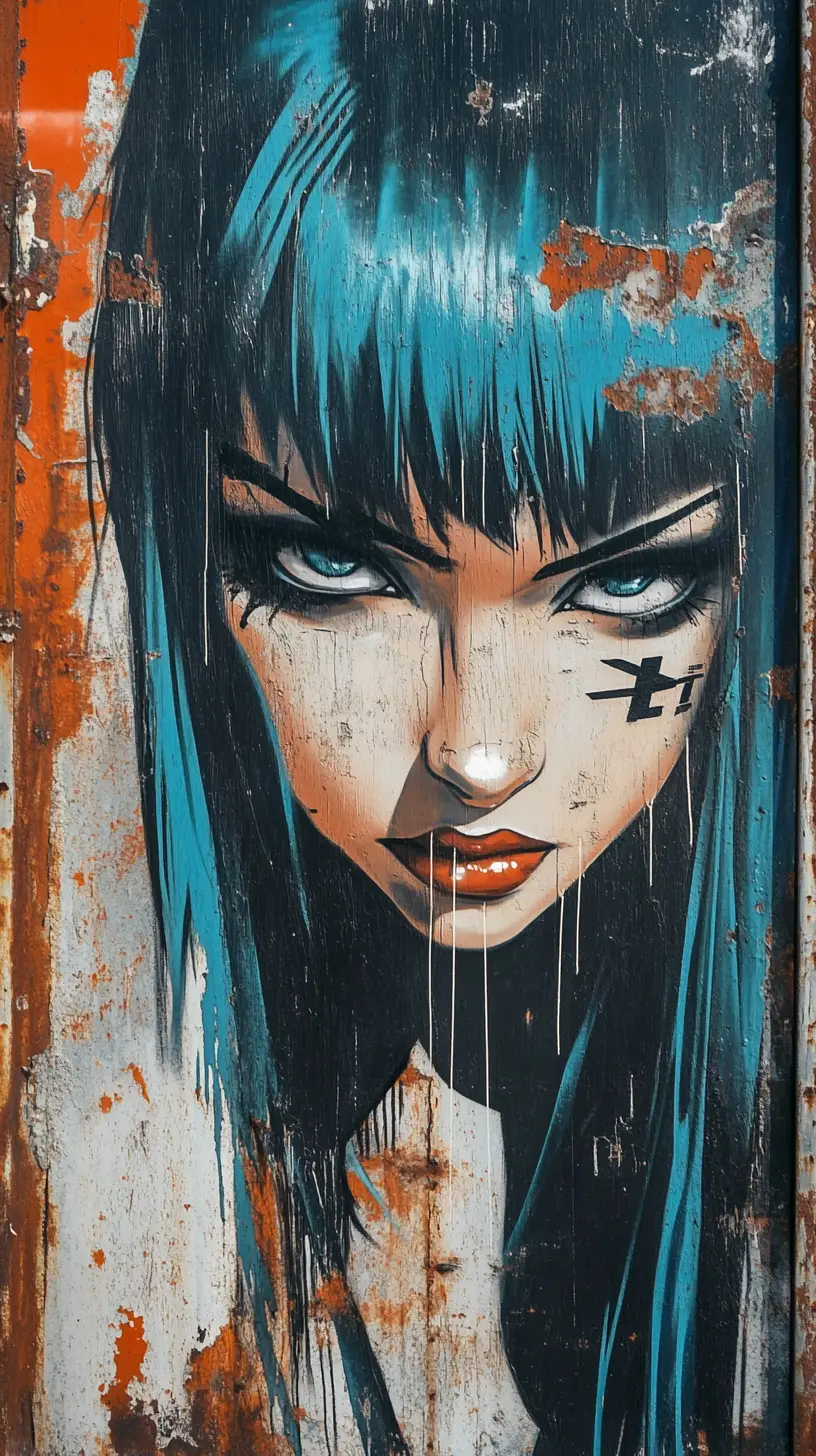 Retrato en grafiti de una chica de cabello verde azulado en puerta metálica