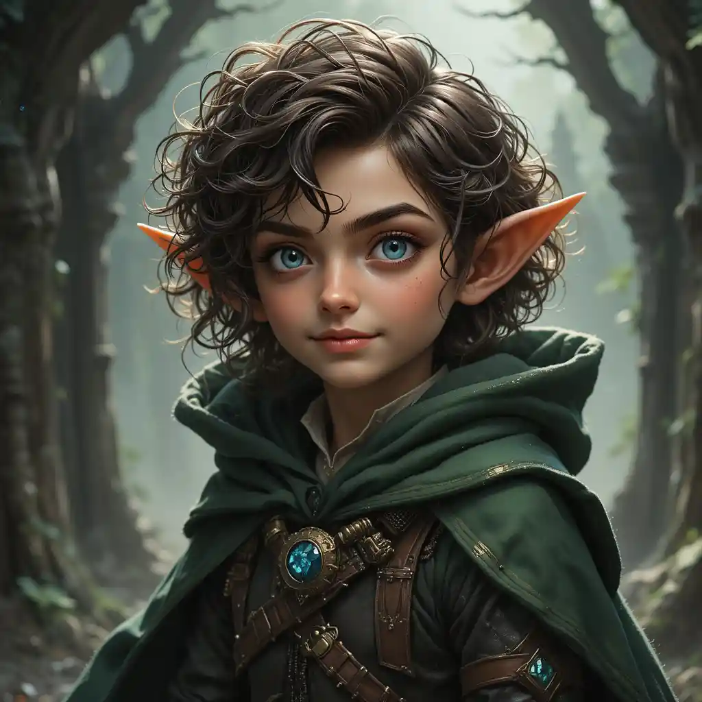 Playful halfling trickster in a green adventurer cloak
