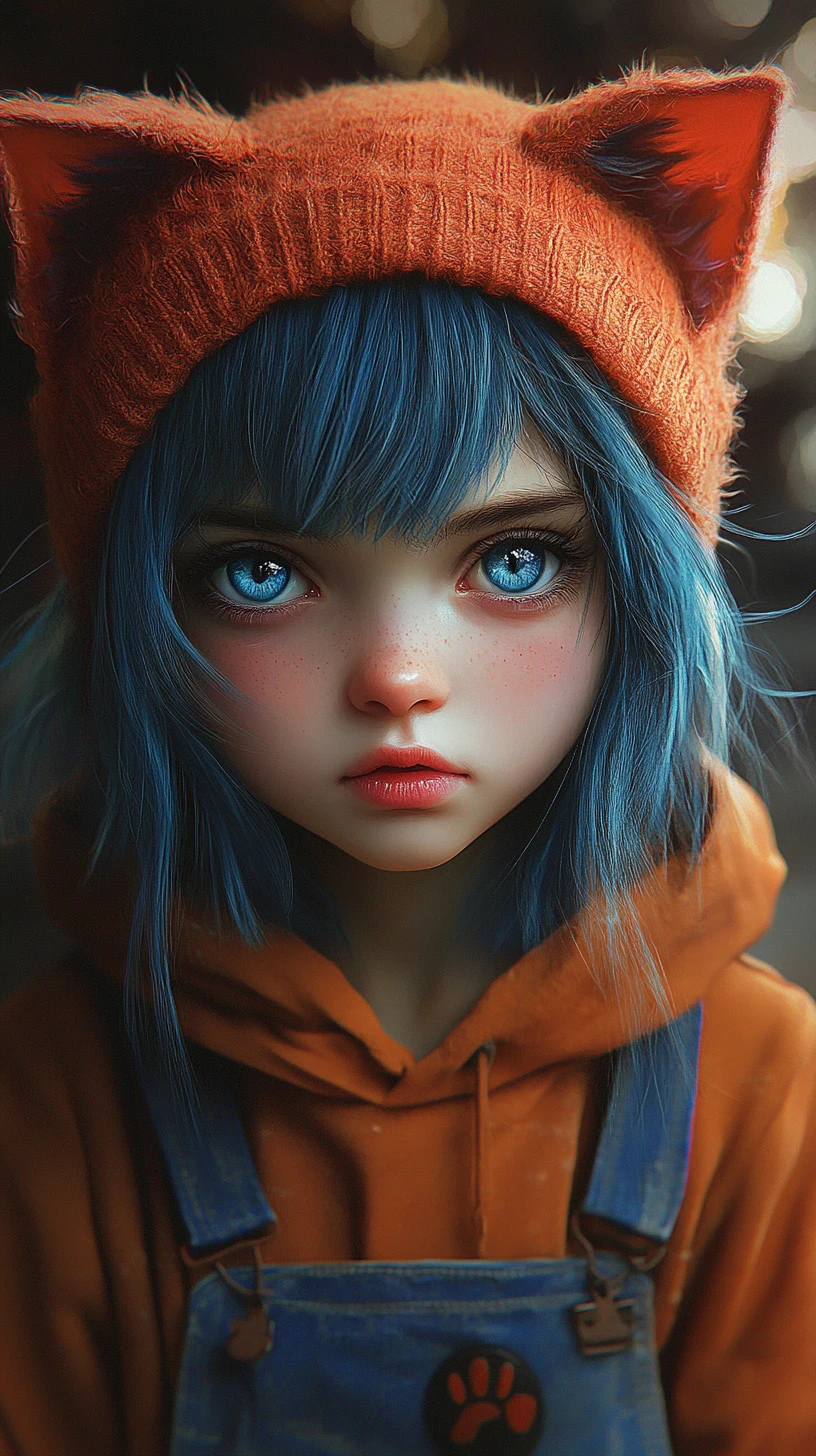 Thoughtful anime girl in orange beanie and blue overalls