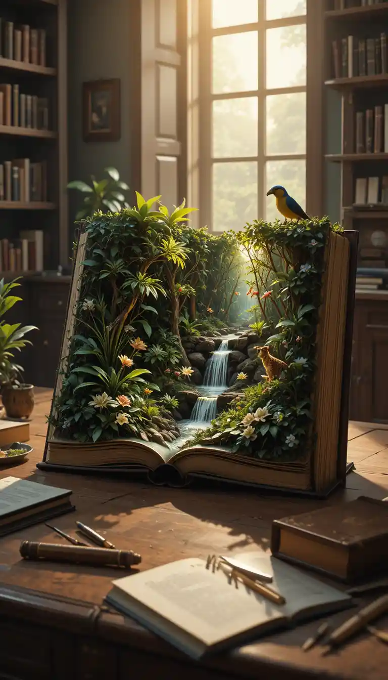 Vecchio libro aperto che si trasforma in una rigogliosa foresta pluviale