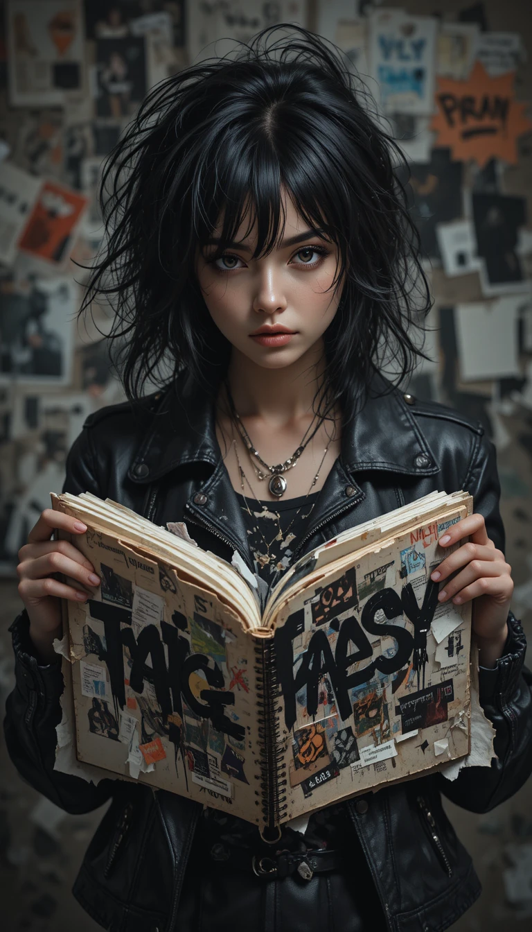 Edgy girl with journal collage in dramatic studio lighting