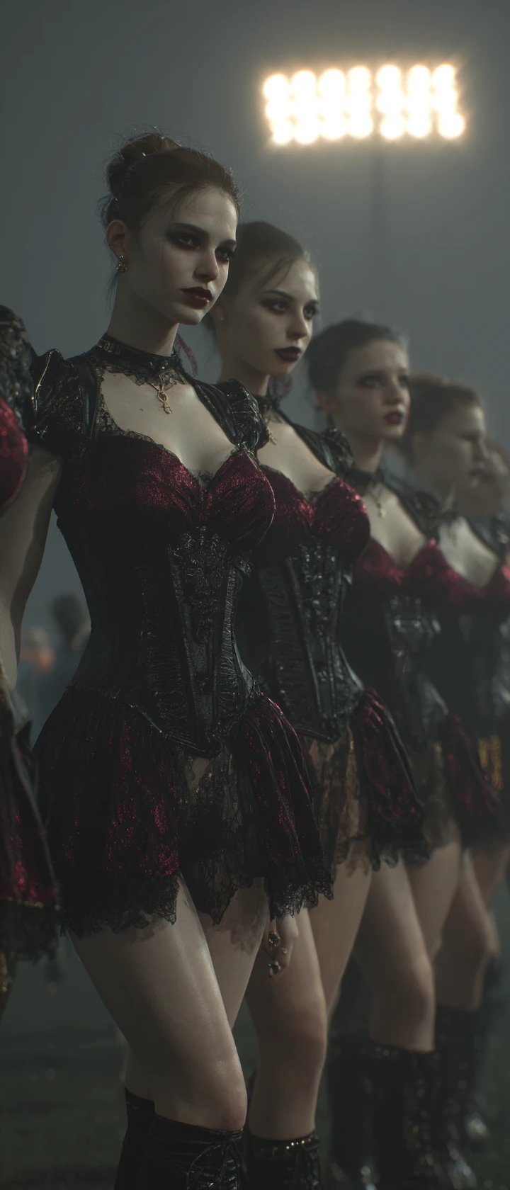 Gothic-Cheerleader-Team unter nebligen Flutlichtern im Nachtstadion