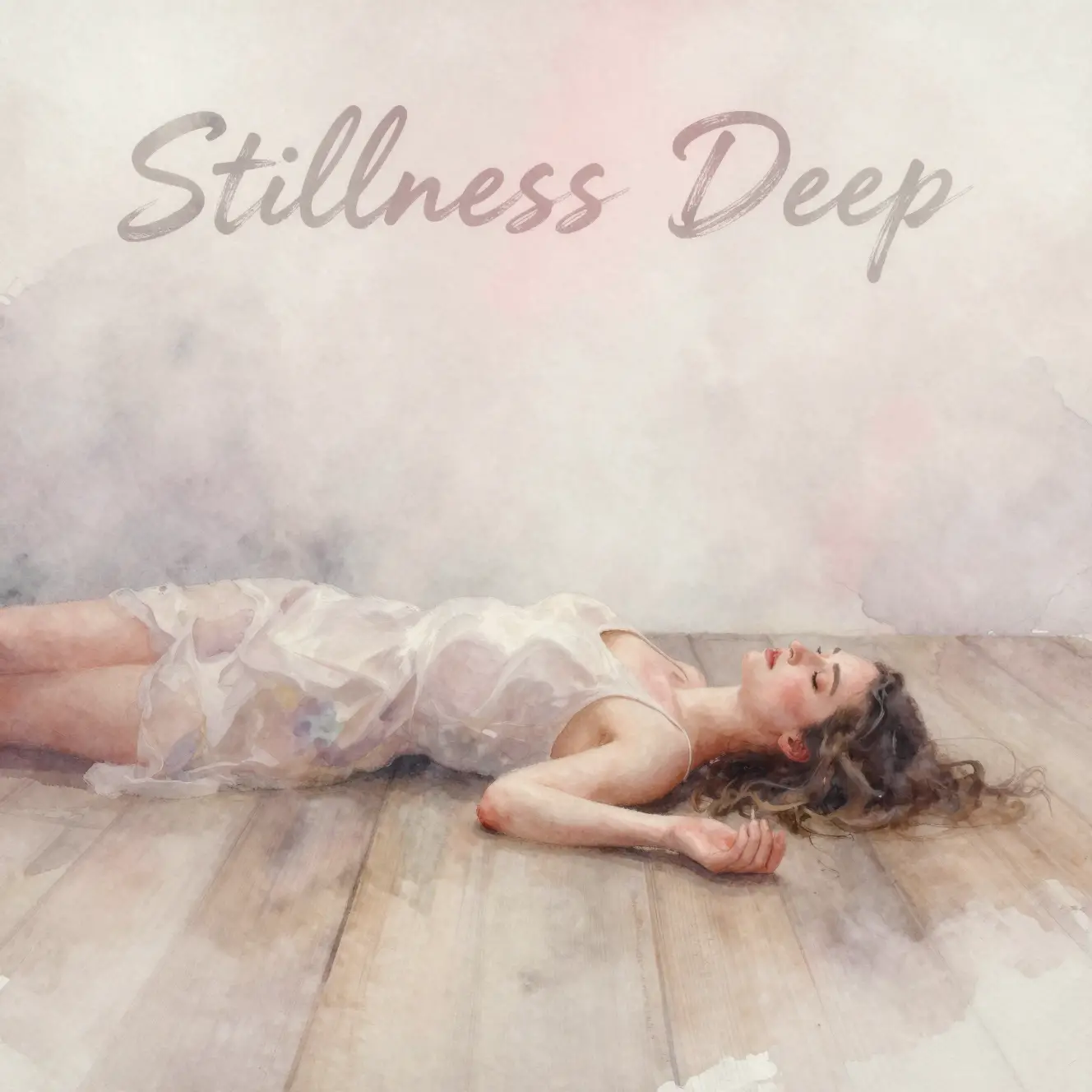 Young woman resting on wooden floor in soft watercolor