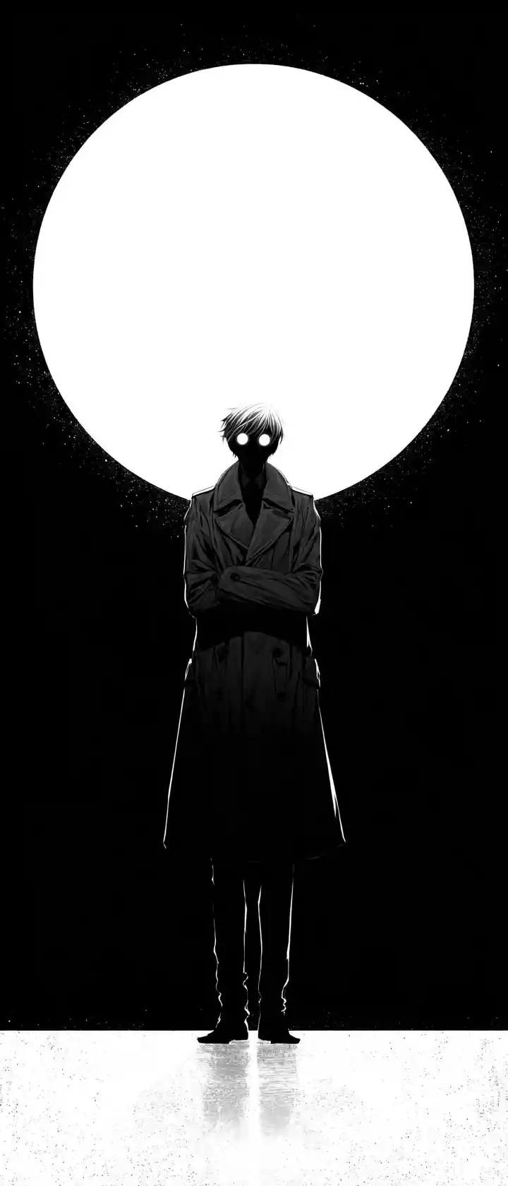 Anime silhouette woman with glowing eyes in empty white space