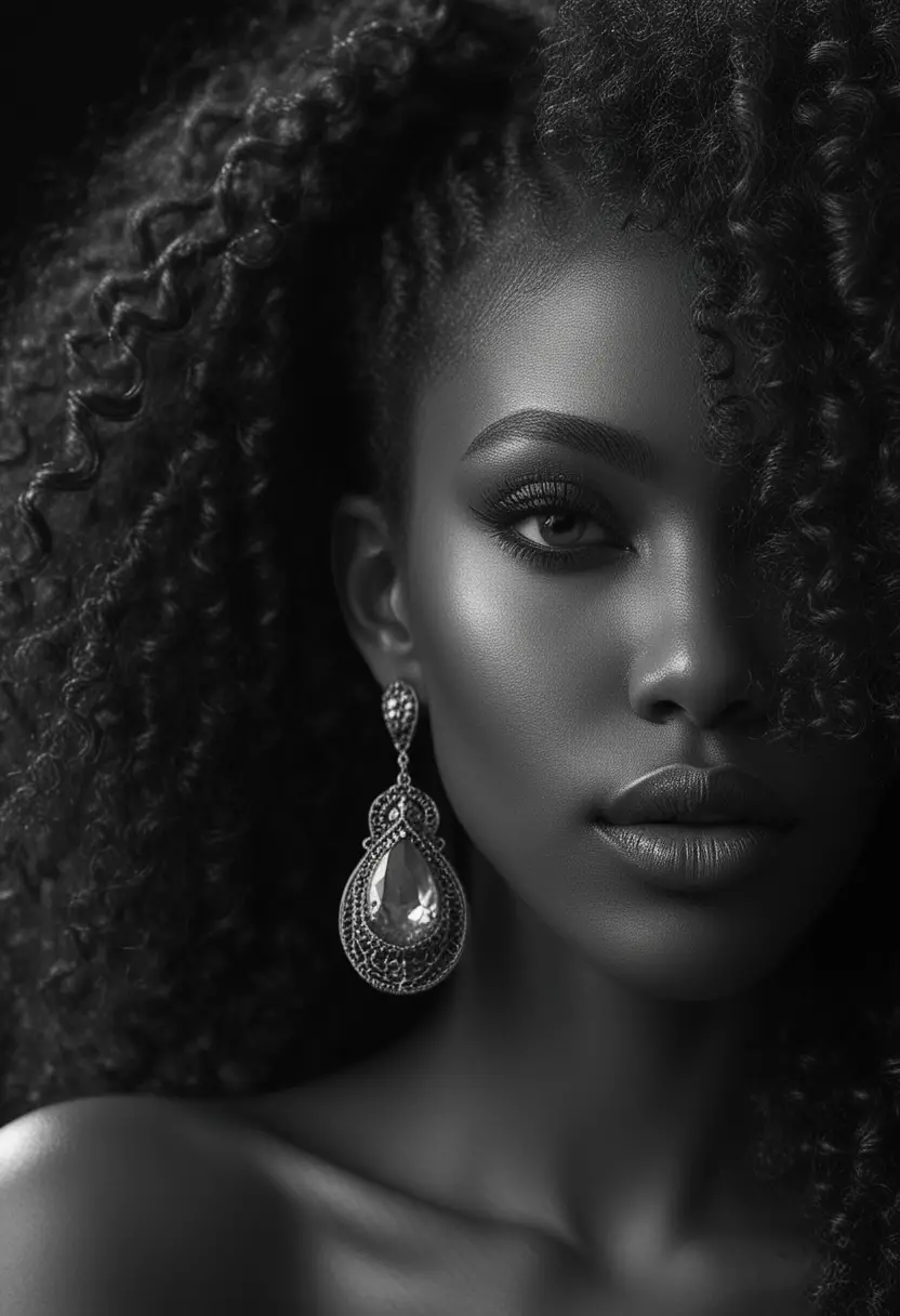 Black and white portrait of a woman with afro hair