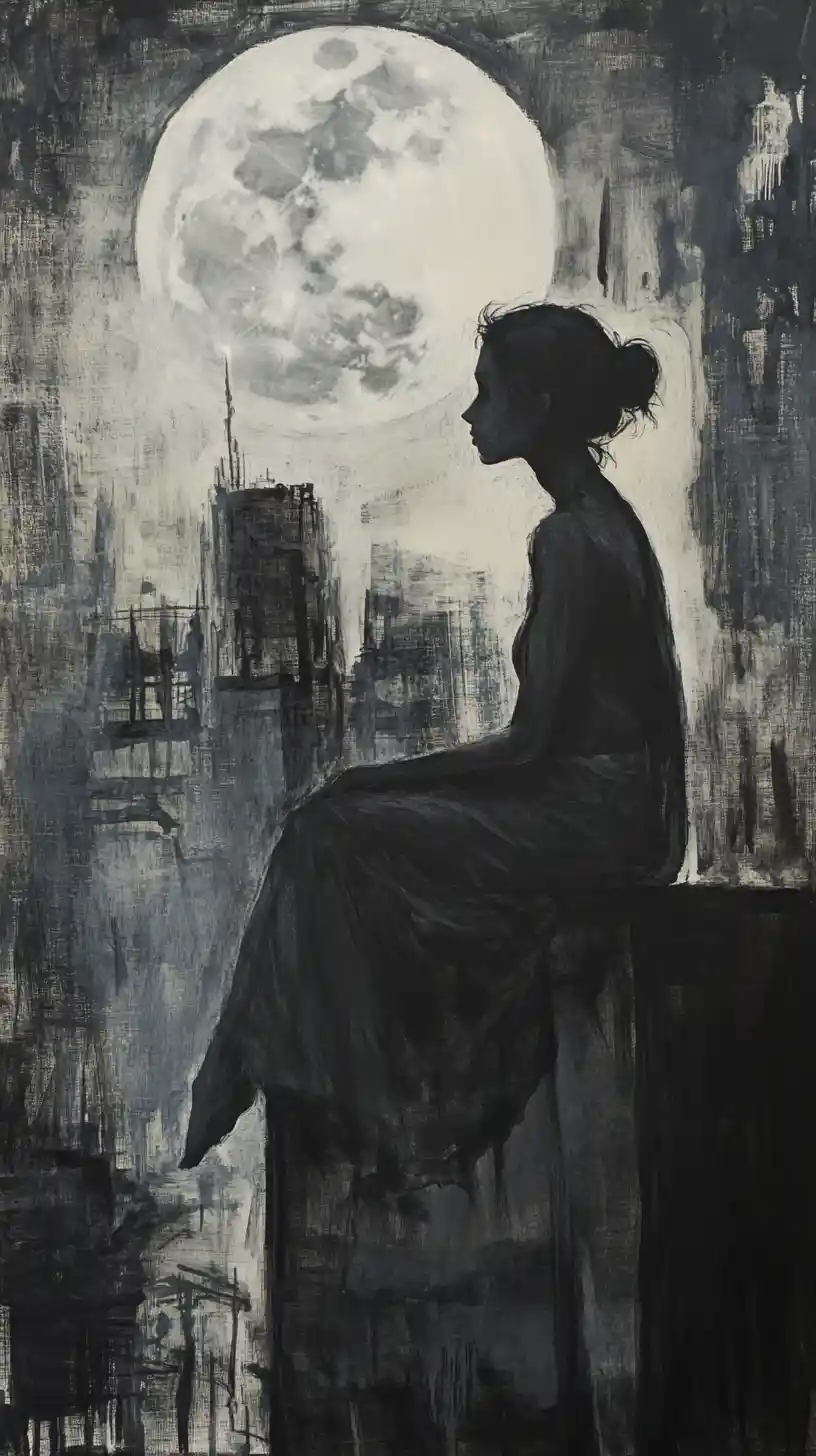 Melancholic girl on a city rooftop under a full moon
