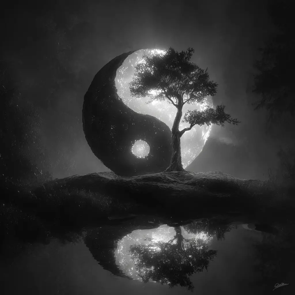 Yin yang trees in glowing digital painting with glitter
