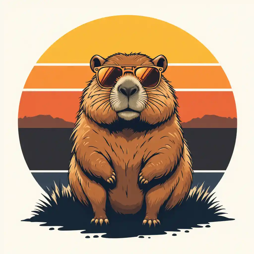 Süßes Capybara mit groovy Sonnenbrille im Retro-Vektorstil