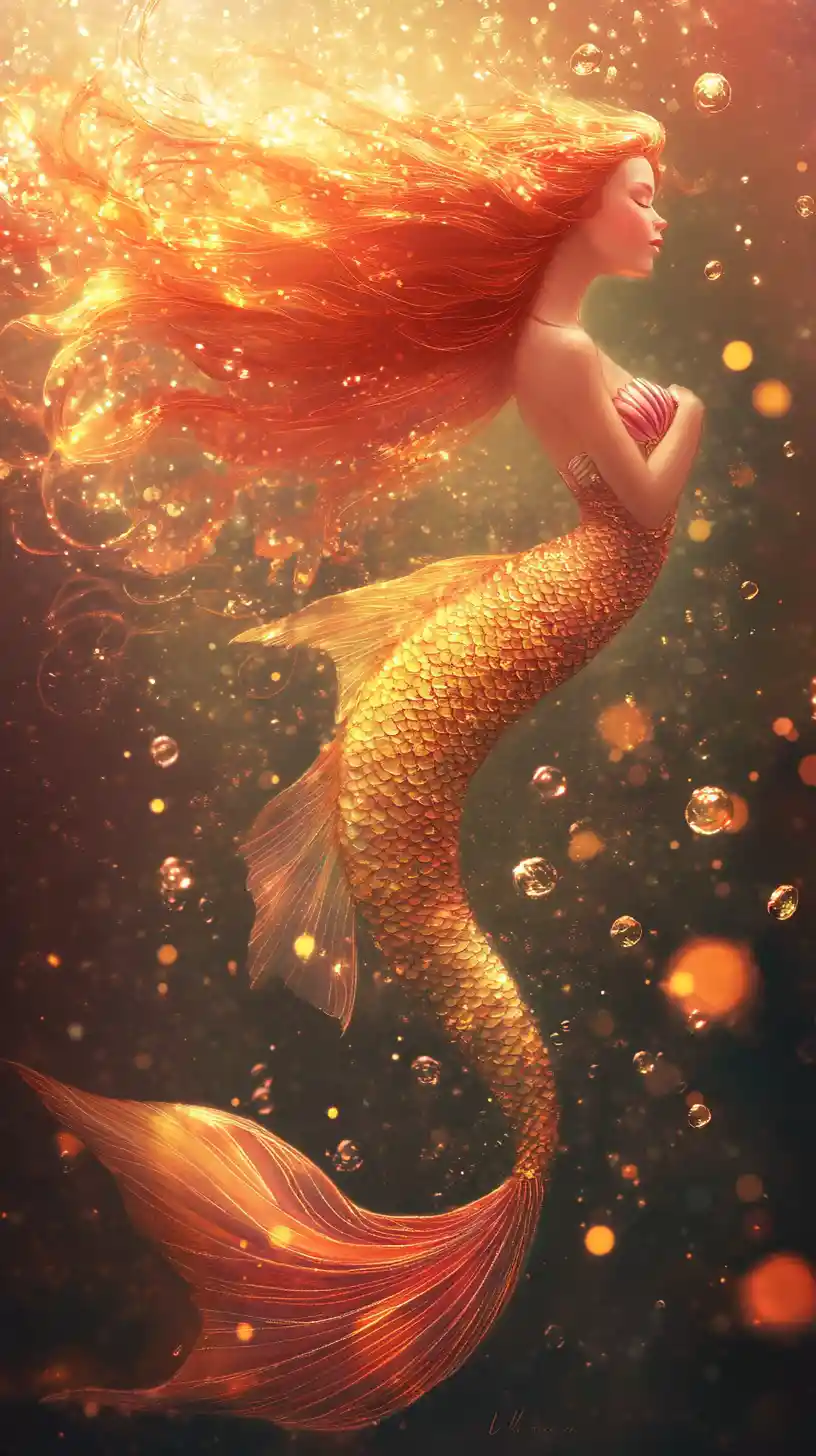 Graceful fantasy mermaid drifting in glowing water