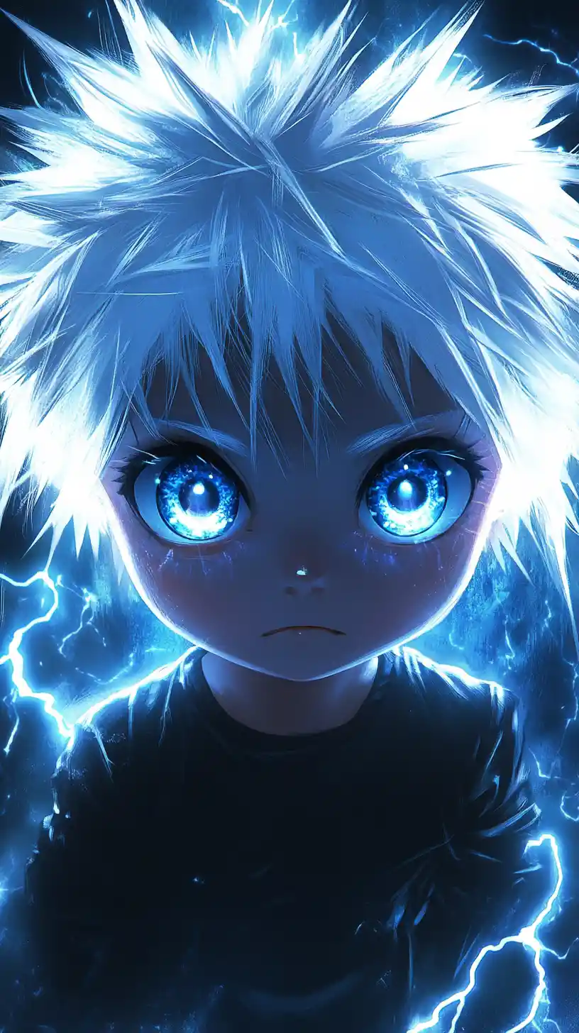 Chibi anime boy with glowing blue eyes and lightning