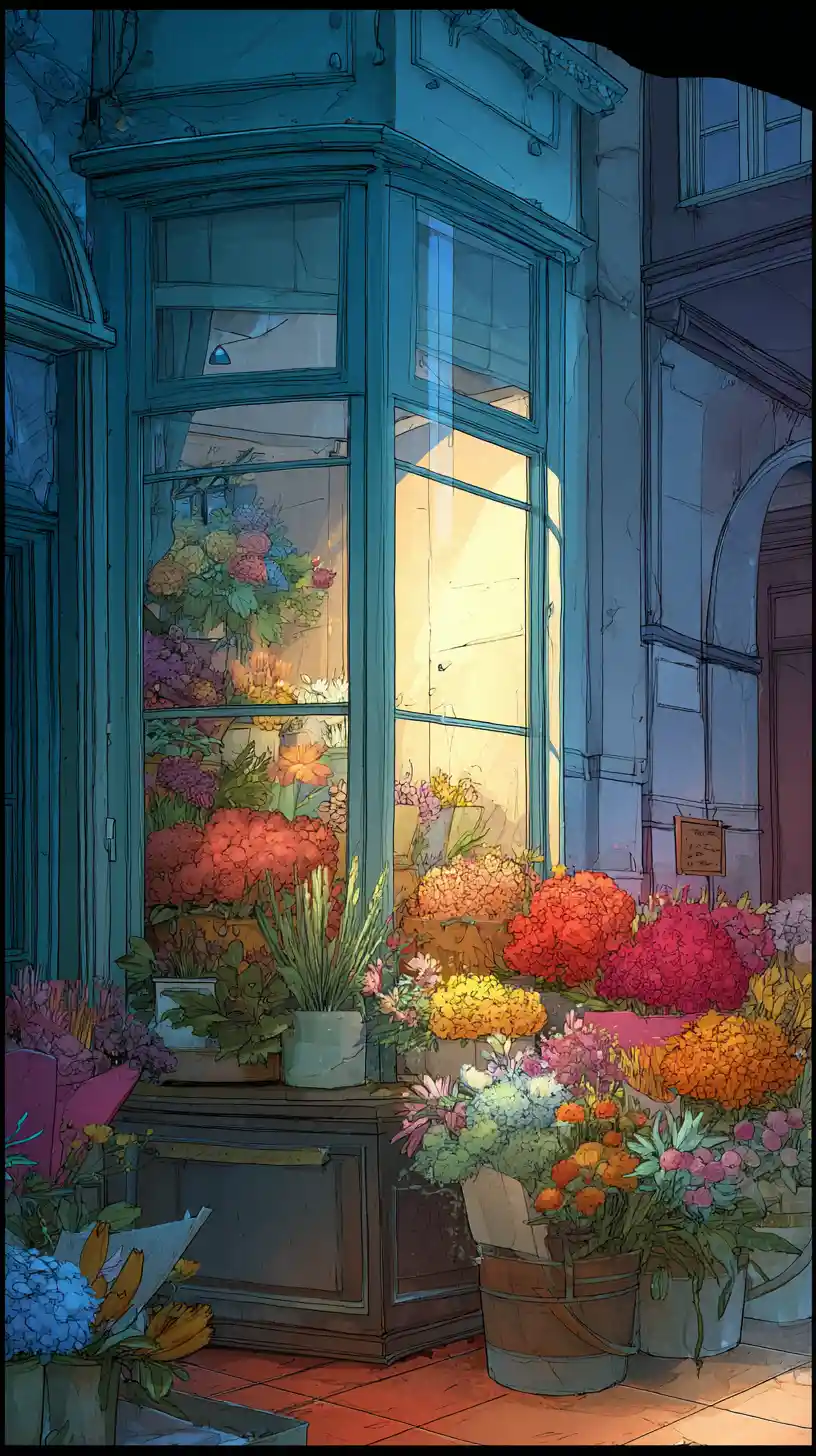 Vitrine acolhedora de floricultura iluminada por uma luz quente e onírica