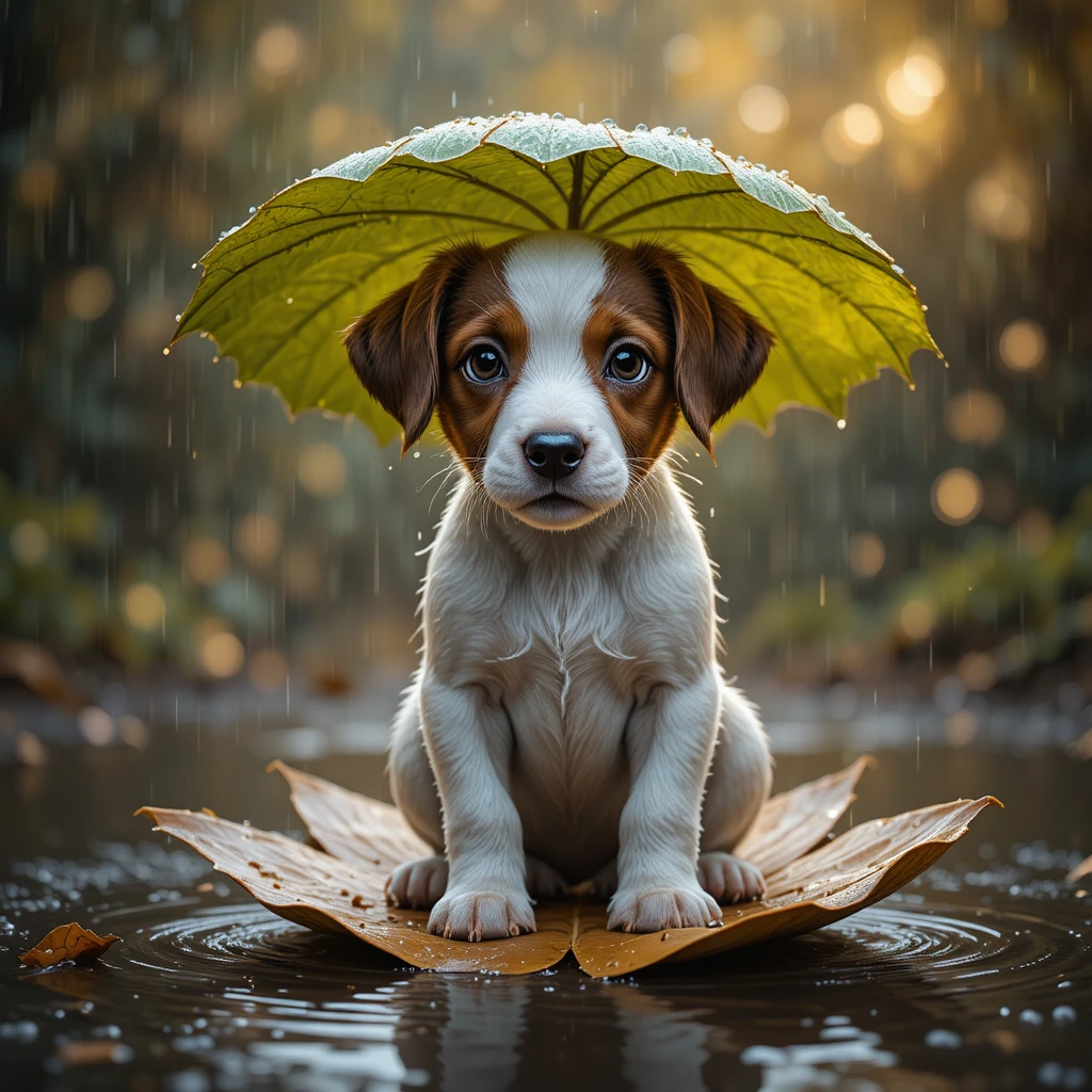 Puppy Sheltering Under A Leaf In Gentle Rainfall