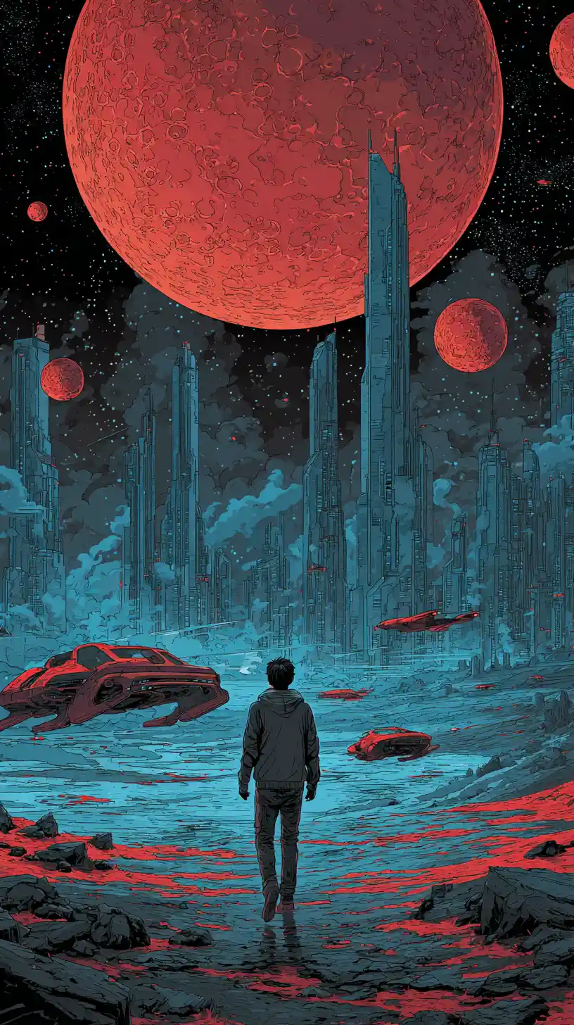 Lone figure walking toward a distant futuristic city