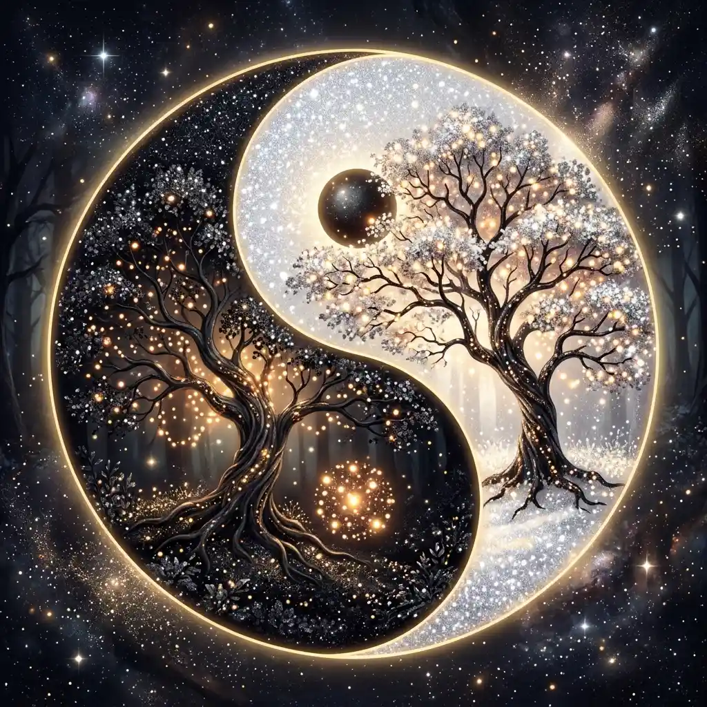 Yin-und-Yang-Bäume in leuchtendem Schwarz-Weiß-Digitalgemälde