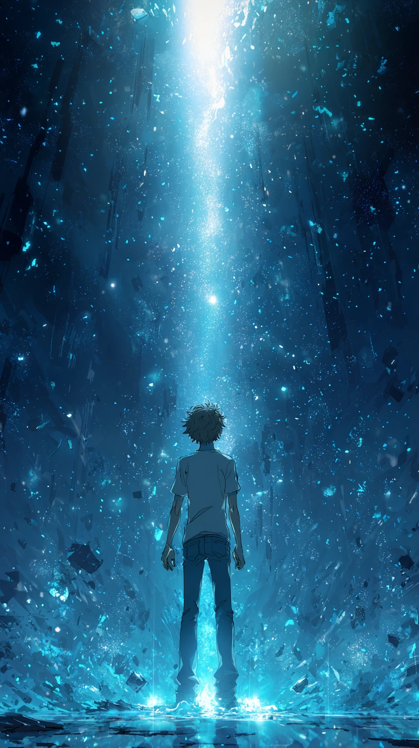 Giovane uomo in luce blu brillante con particelle fluttuanti