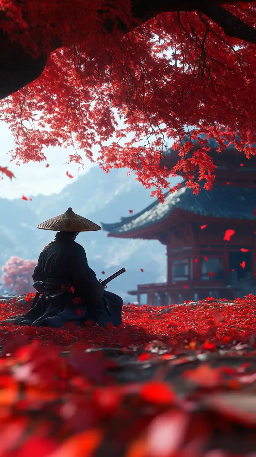 紅葉の下でひざまずく侍