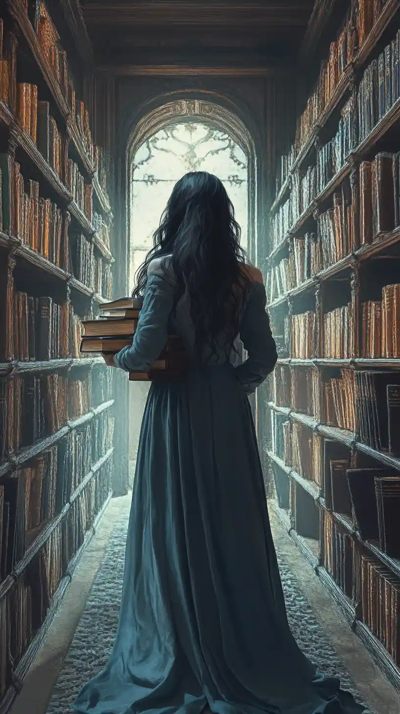Ätherische junge Frau, die durch einen hoch aufragenden Bibliotheksgang geht