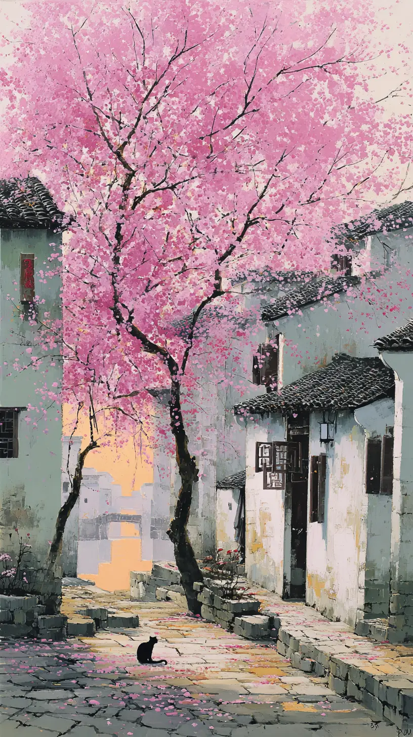 Spring blossoms over a tranquil Jiangnan village square