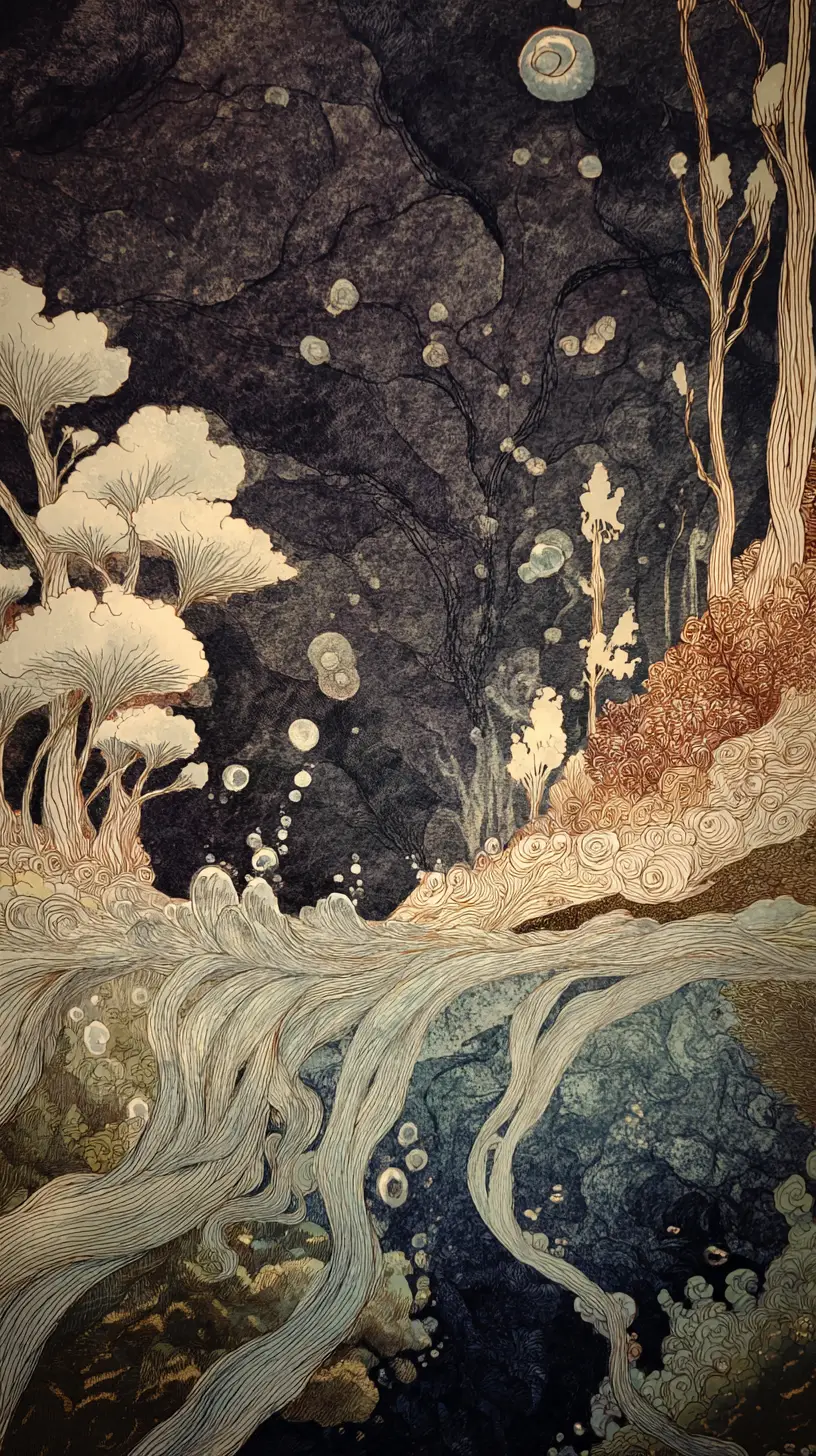 Wasser, das durch eine geheimnisvolle Unterwasserwald-Traumlandschaft fließt