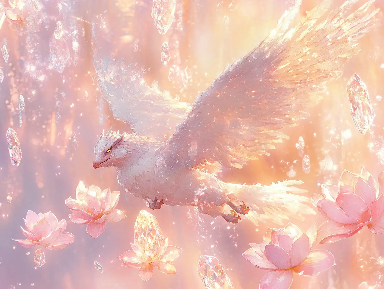 Ethereal griffin flying through pastel crystal dreamscape