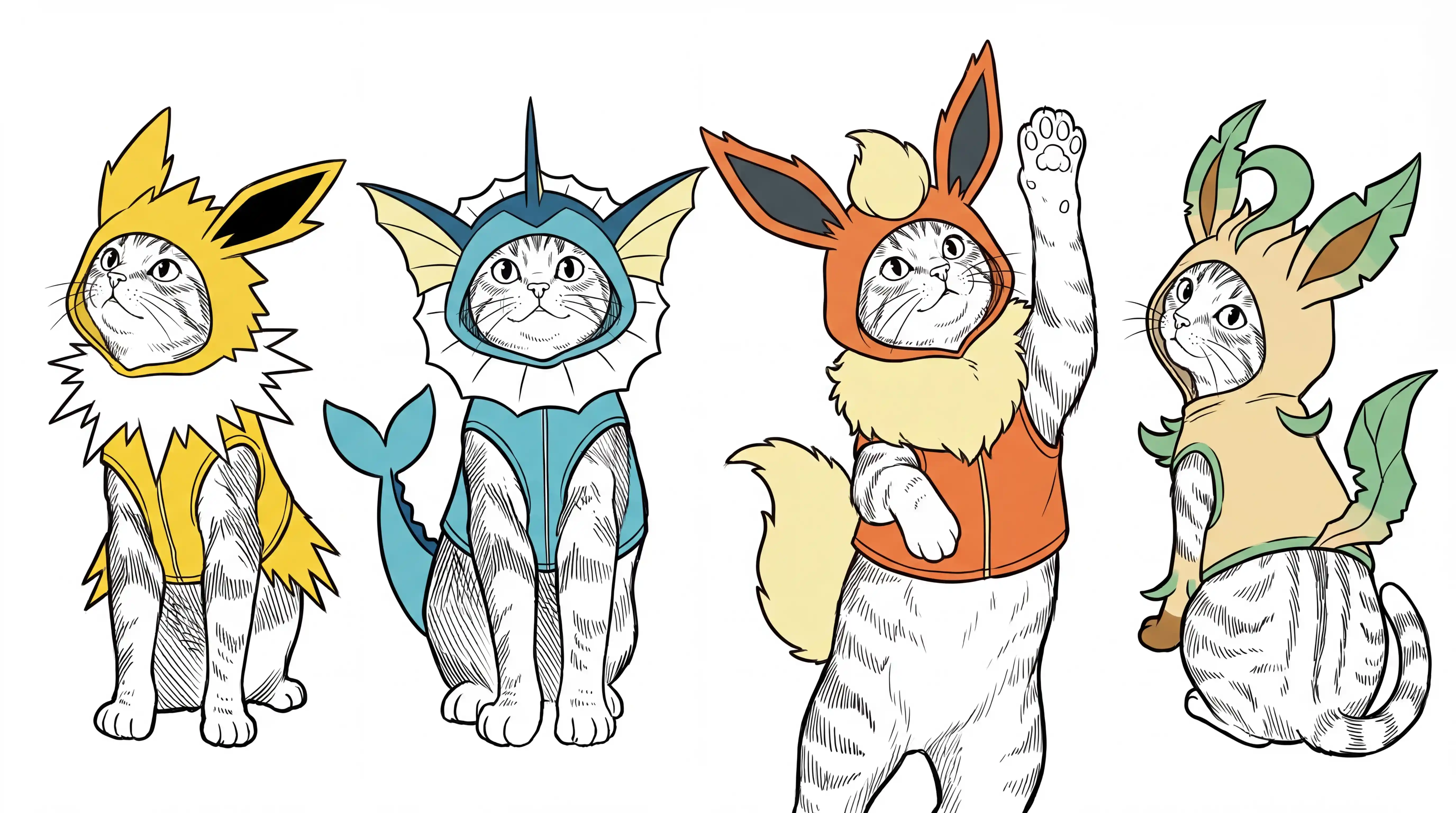 Four tabby cats in hooded pokemon costumes line art illustration