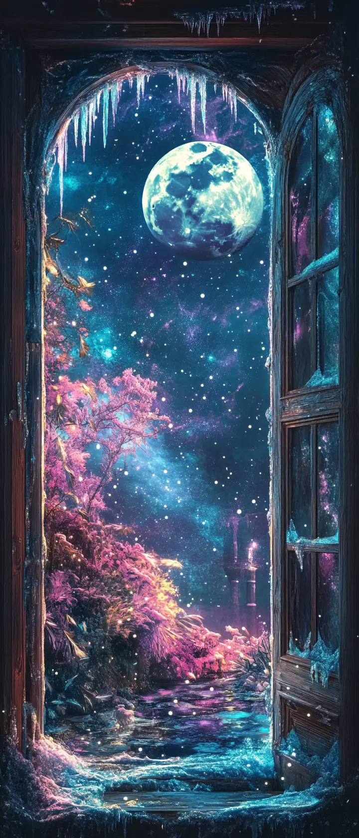 Hyperrealistic winter garden seen through a moonlit window