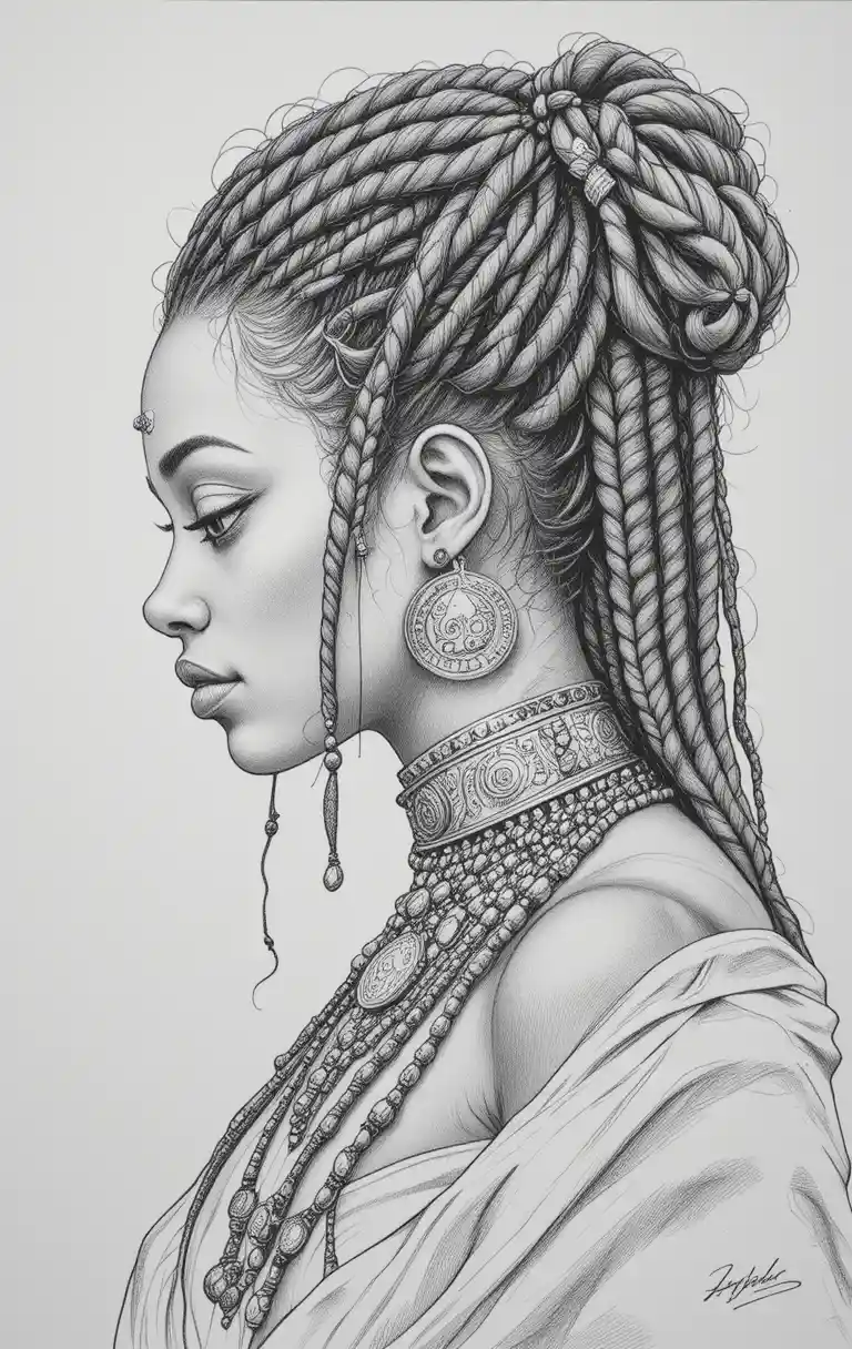 Retrato en perfil a grafito de guerrera trenzada con joyas