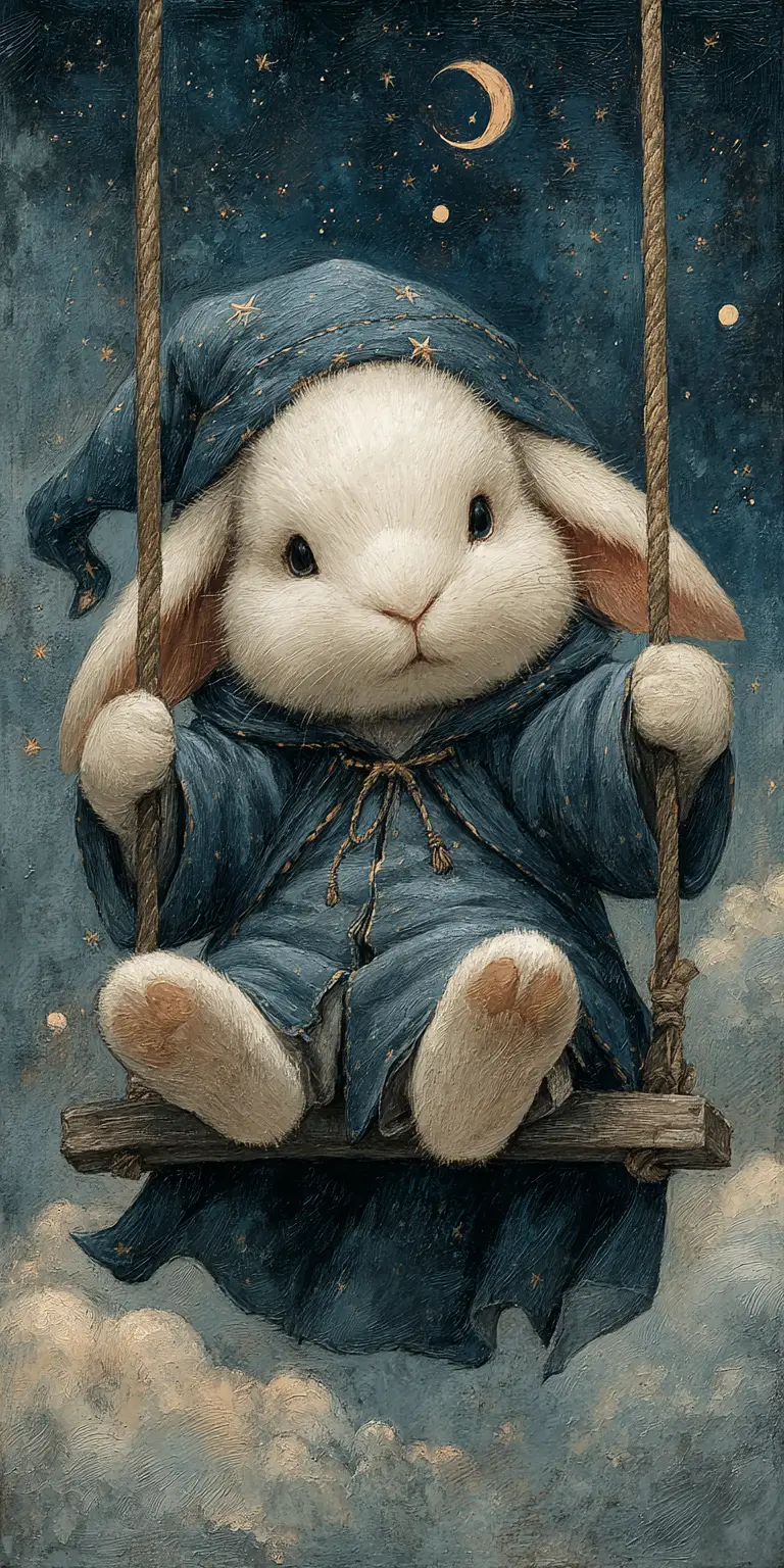 White Rabbit Wizard On Crescent Moon Swing In Night Sky