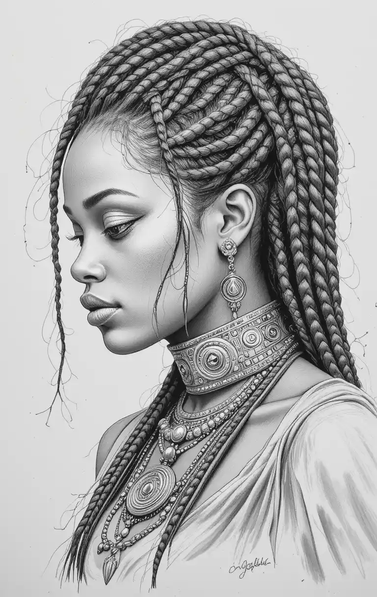 Graphite profile portrait of a braided warrior woman