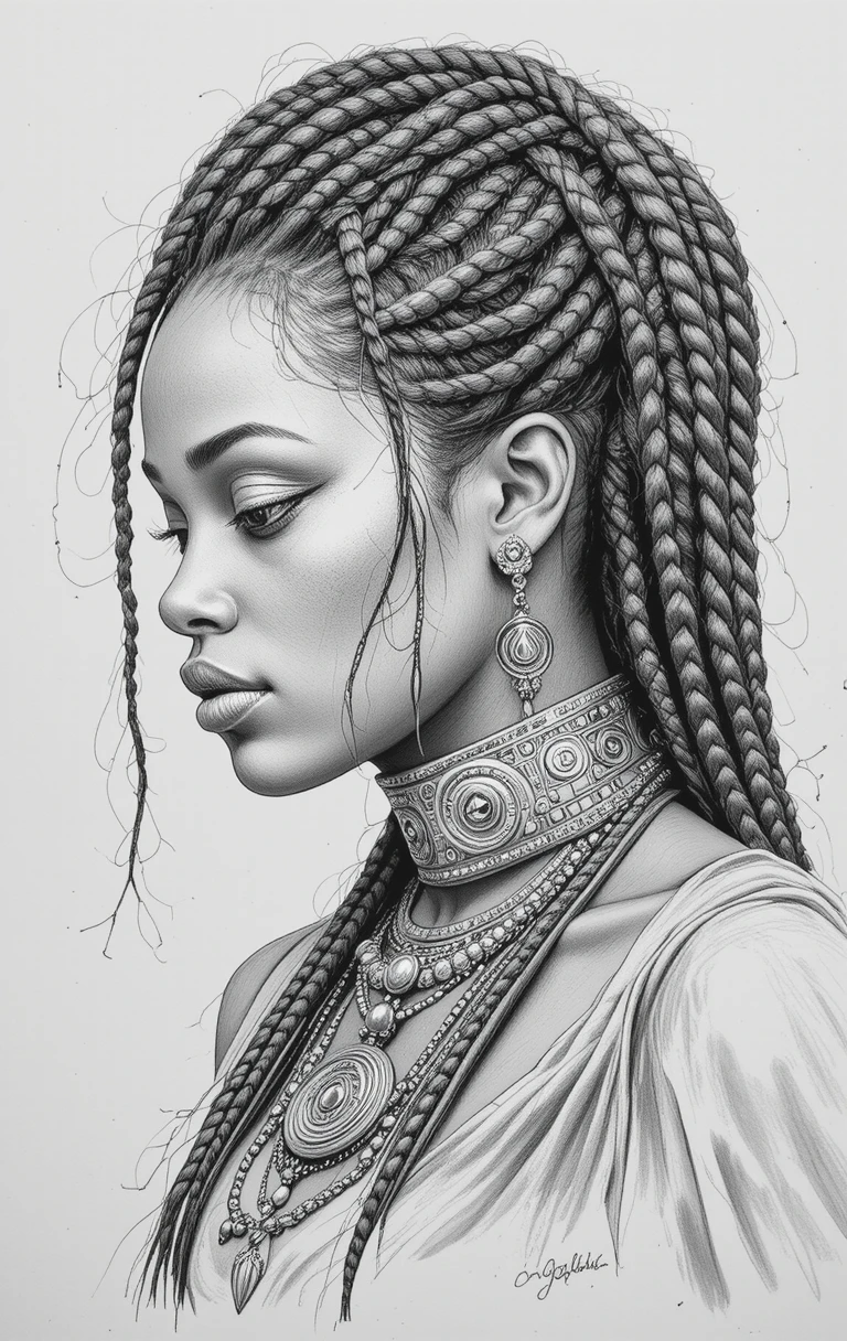 Graphite profile portrait of a braided warrior woman