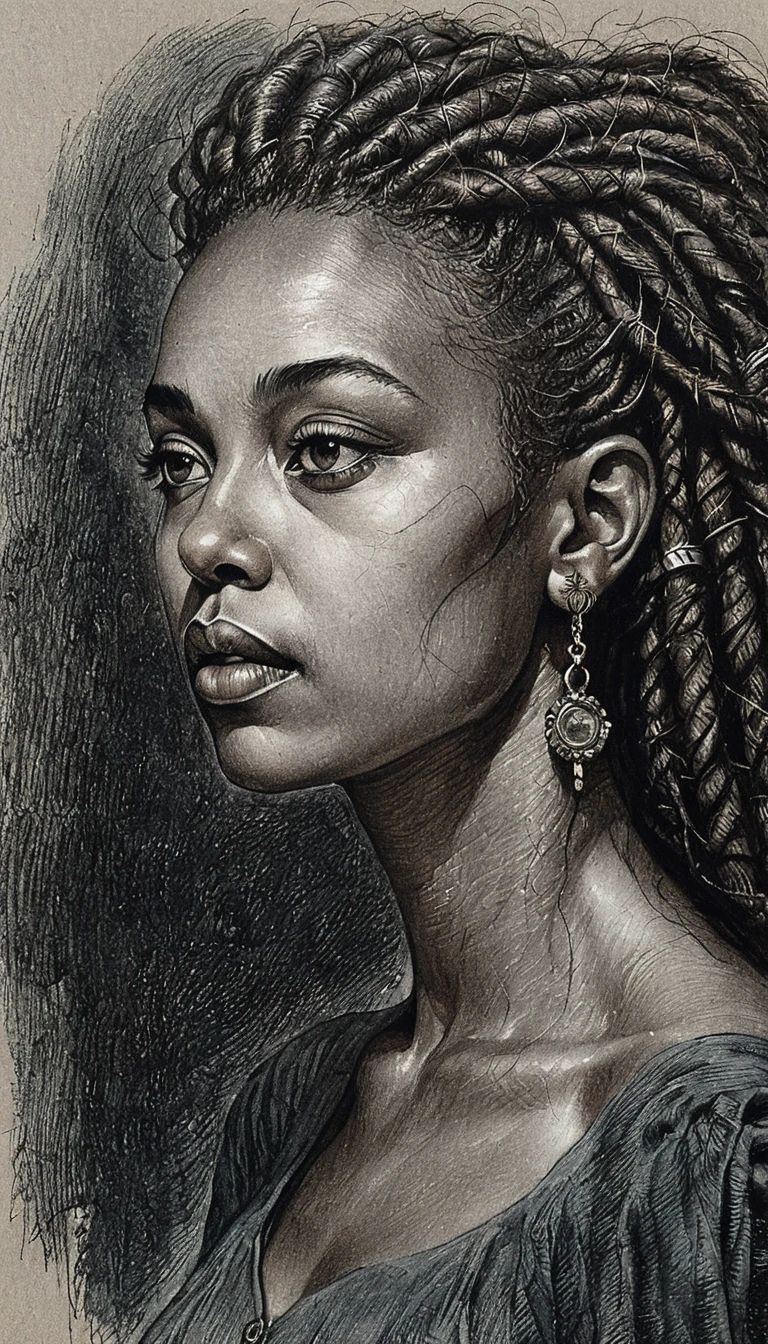 Chiaroscuro charcoal portrait of a girl on toned gray paper