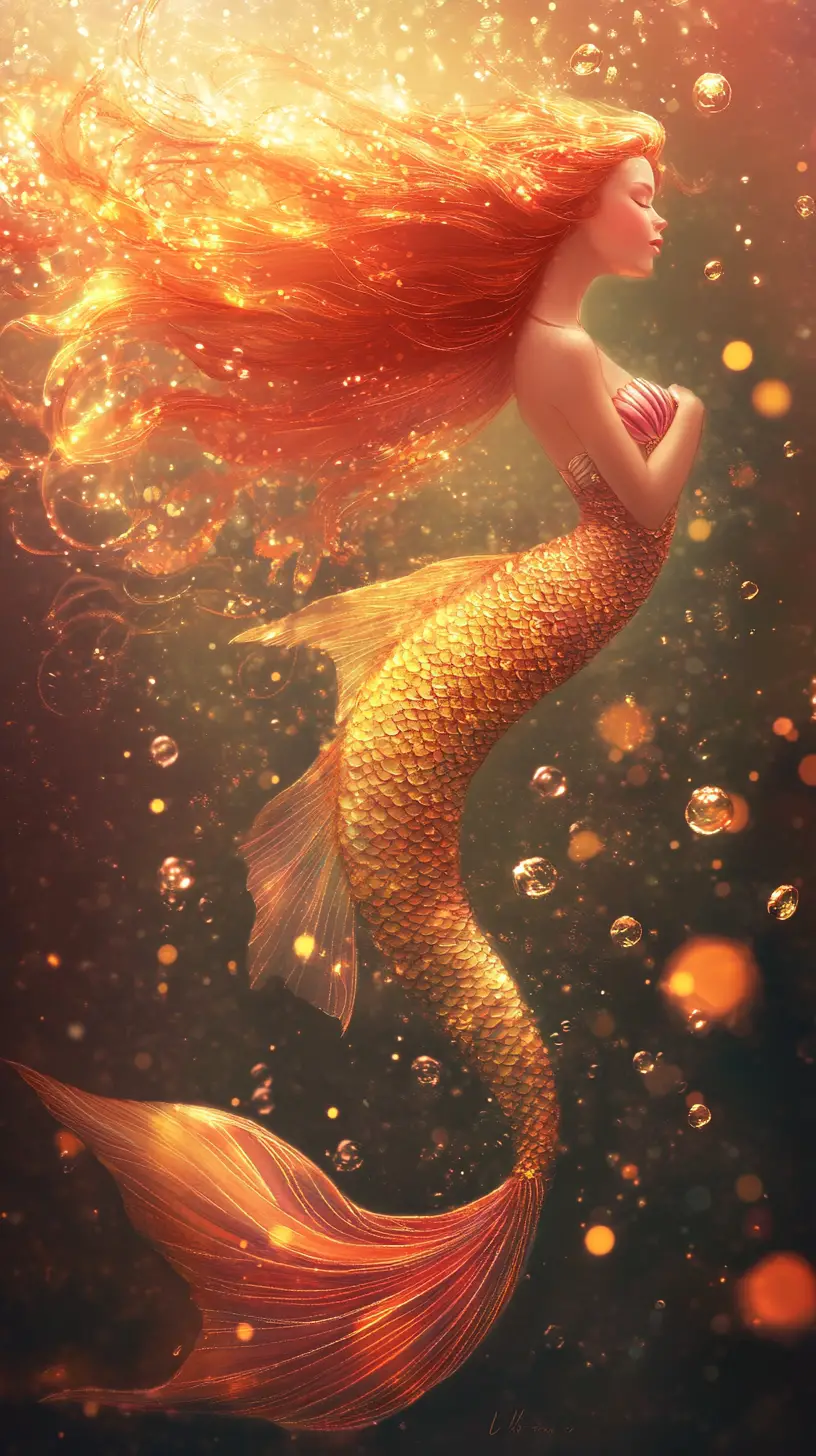 Graceful fantasy mermaid drifting in glowing water