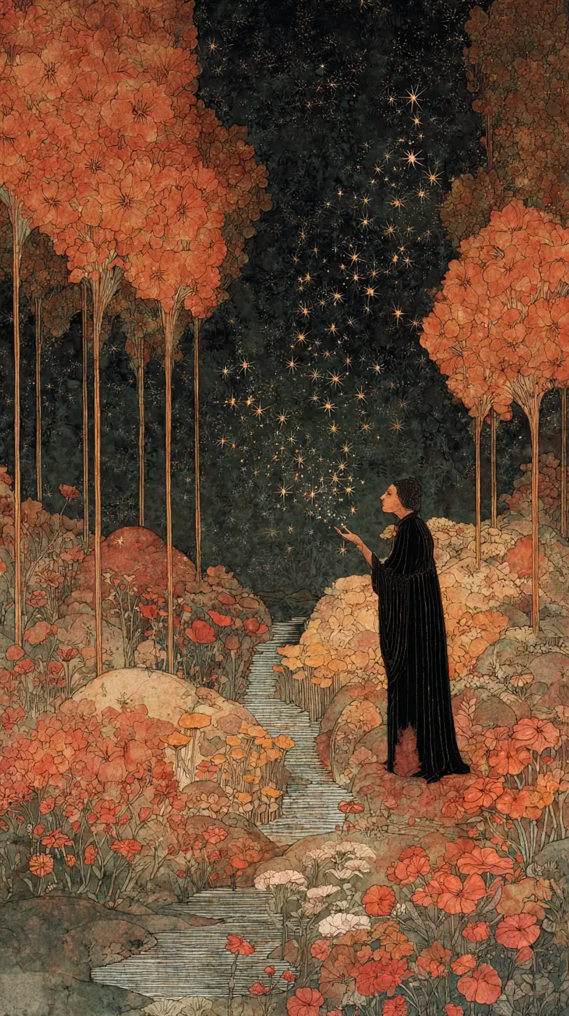 Supernatural woman gathering stars in a magical riverside garden