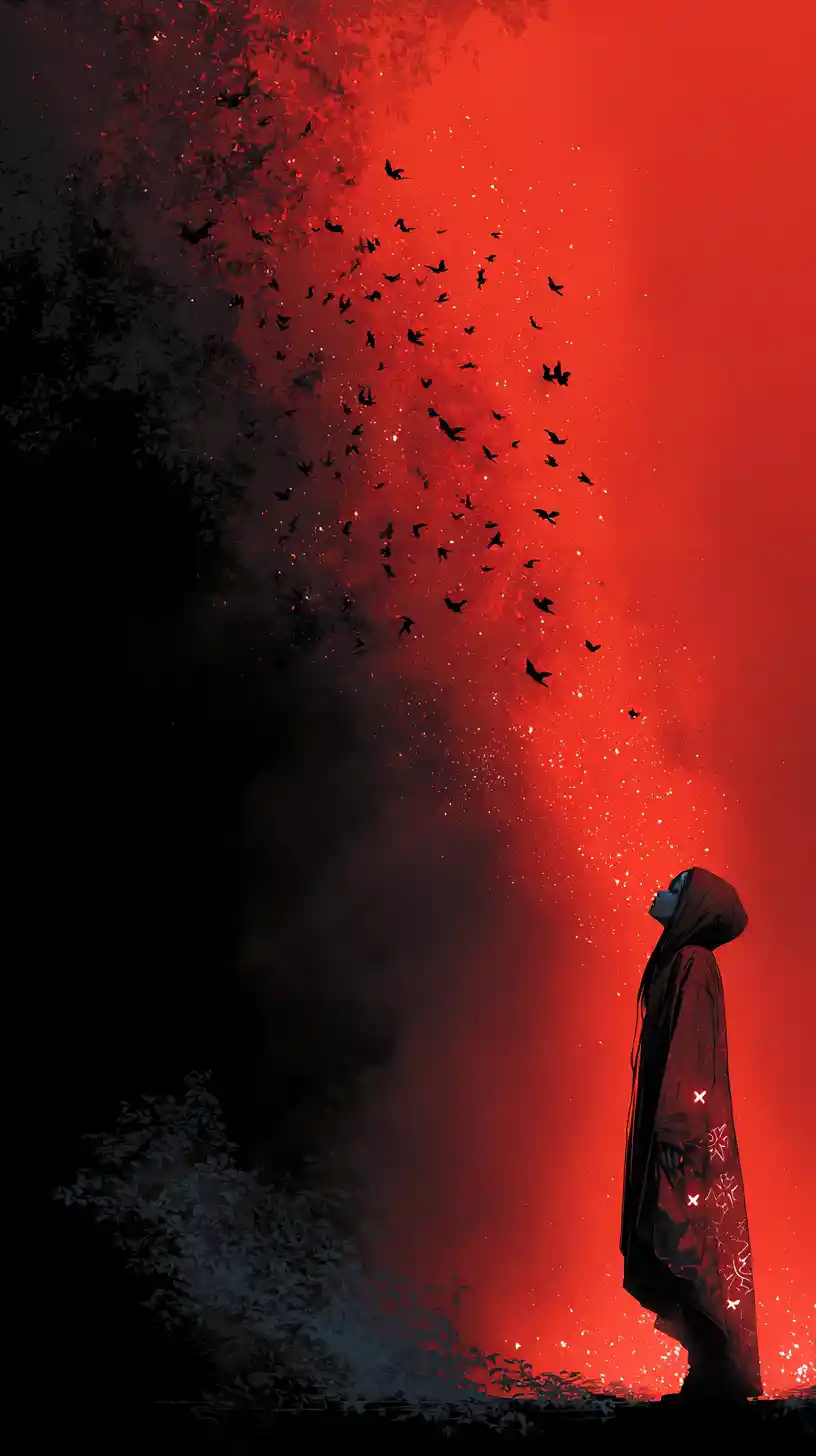 Woman in red dress gazing toward a luminous sky