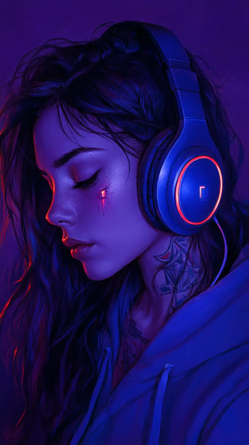 Thoughtful girl in blue hoodie with glowing headphones
