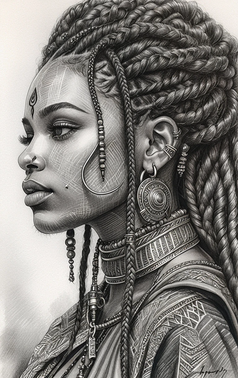 Portrait de profil en graphite d’une femme noire tressée avec des bijoux