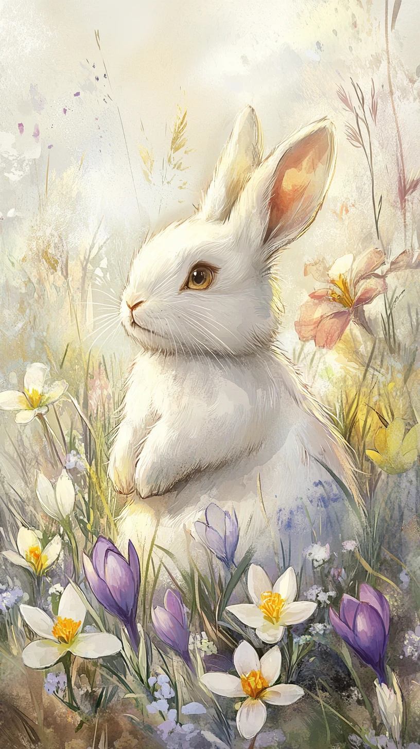 Cute white rabbit among spring flowers in watercolor style