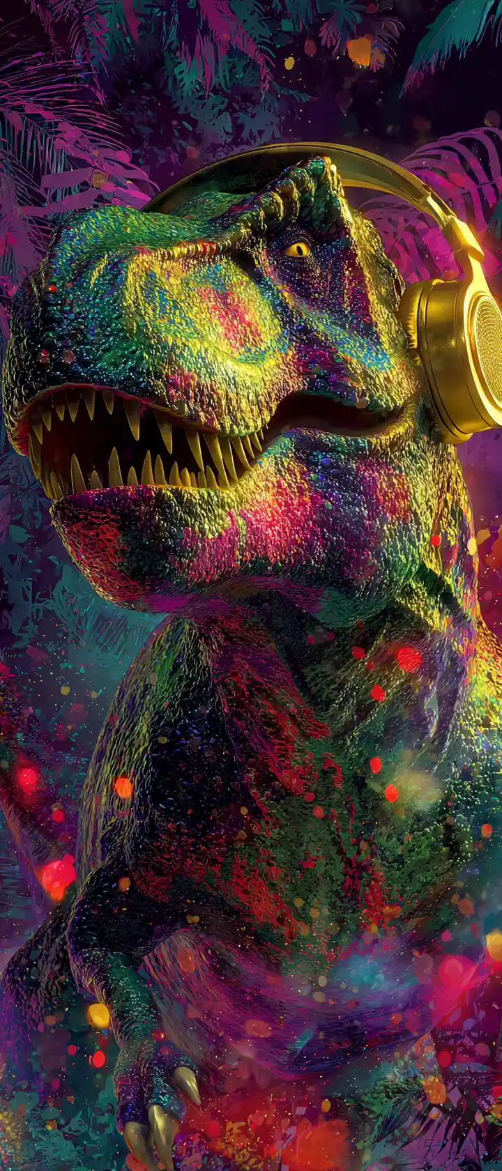 Bunt tanzender T-Rex mit goldenen Kopfhörern im dunklen Dschungel