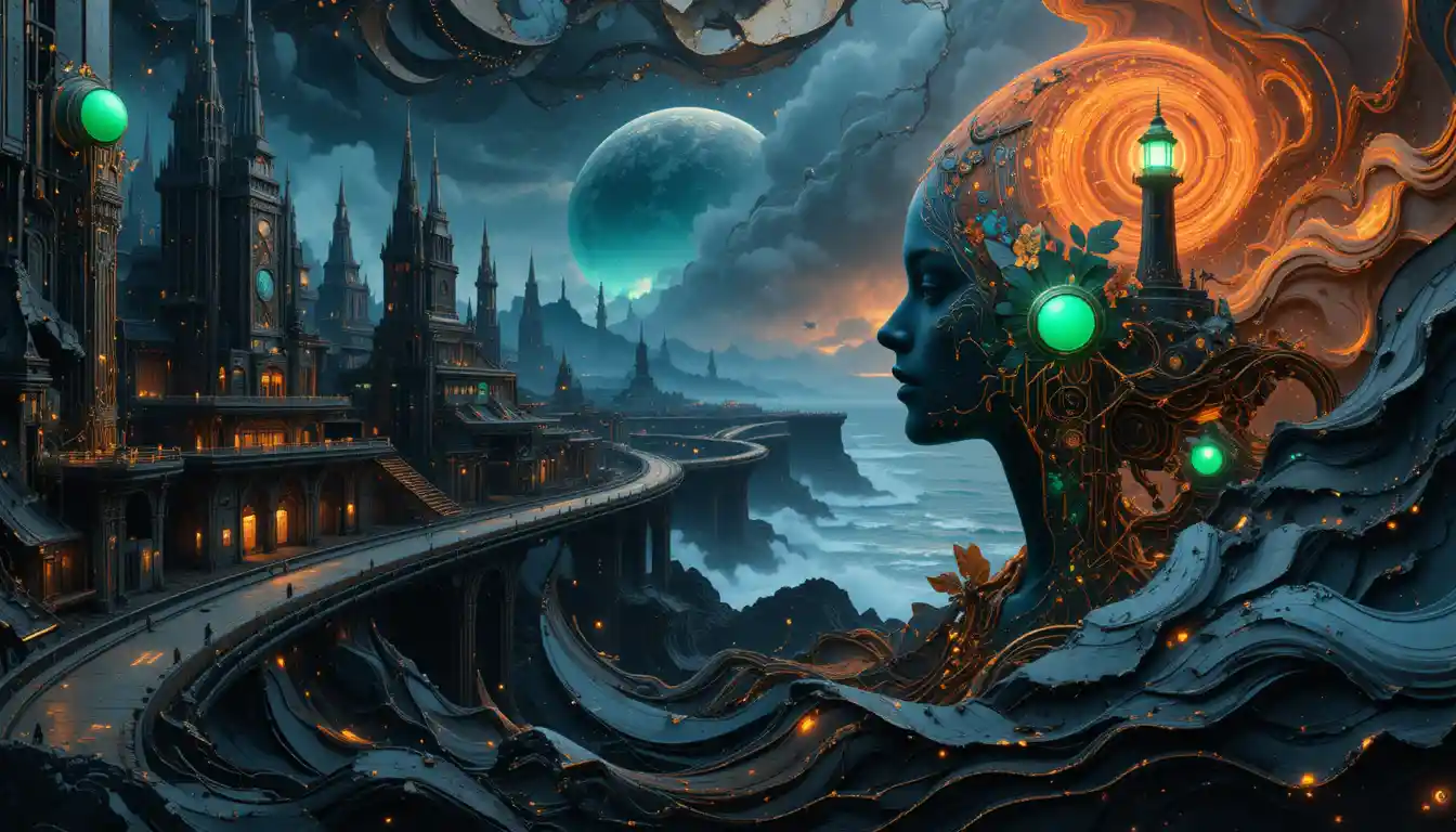 Cidade cibernética inspirada em Giger com estruturas metálicas gigantes