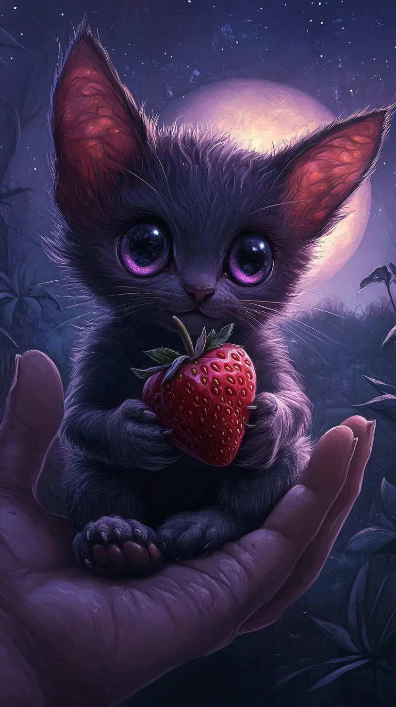 Cute fantasy creature in human hand holding strawberry