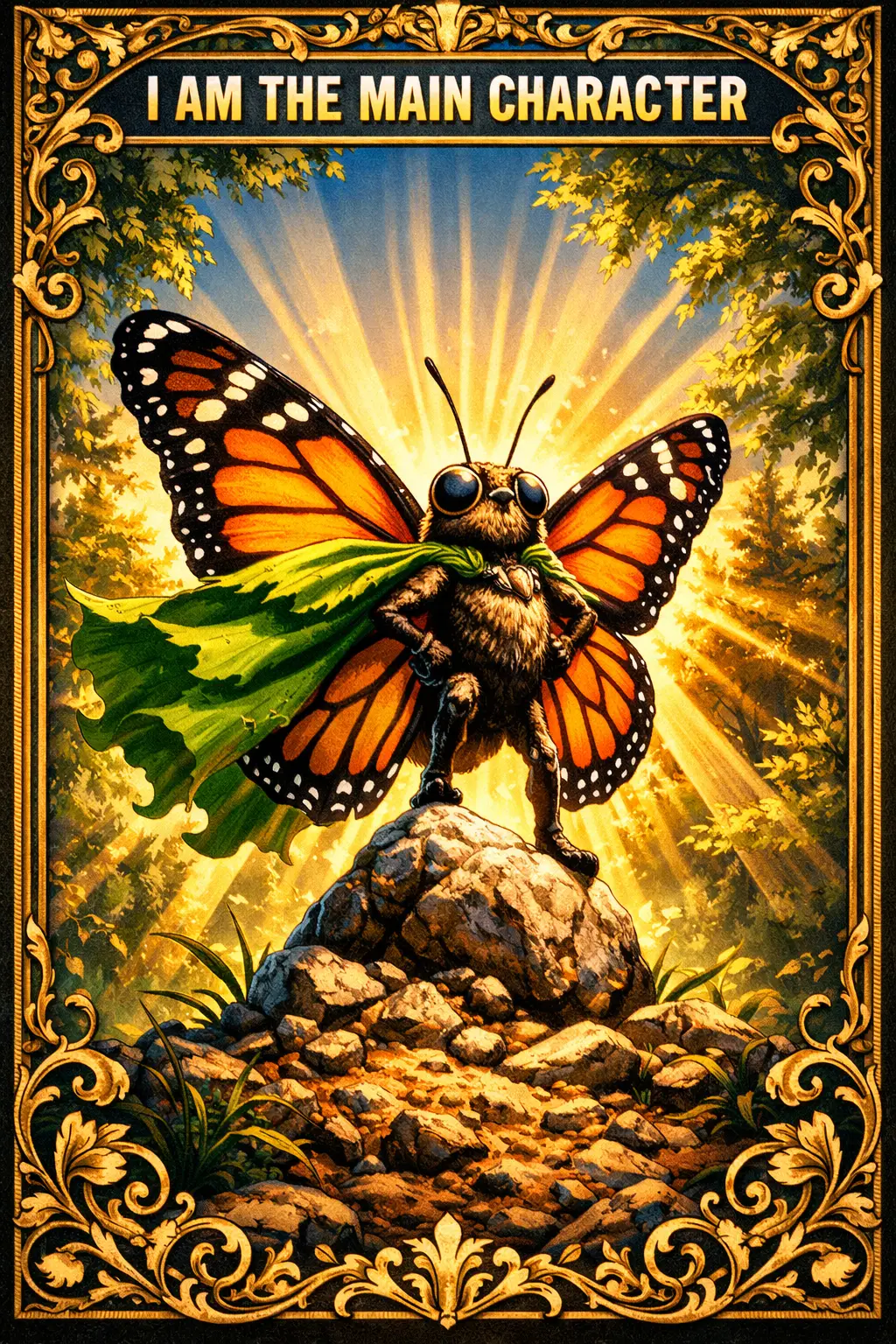 Carta oráculo de mariposa heroica con luz del sol brillante en el bosque