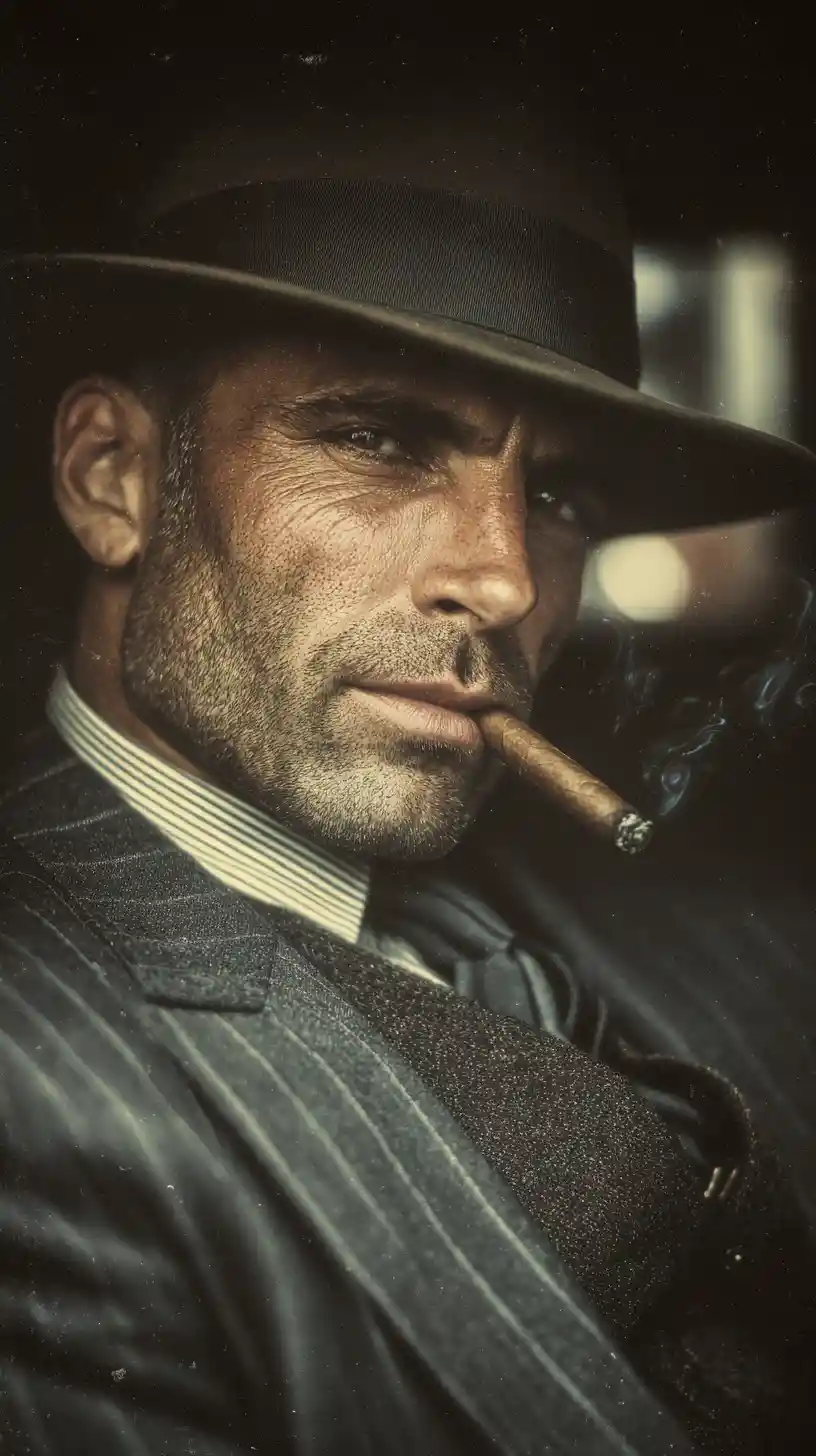 Portrait de gangster vintage dans la fenêtre d'une voiture en mouvement