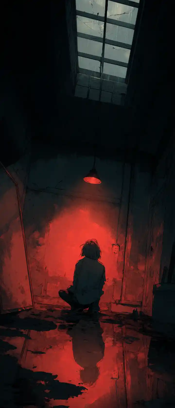 Detective de anime arrodillado en un apartamento manchado de sangre frente al espejo